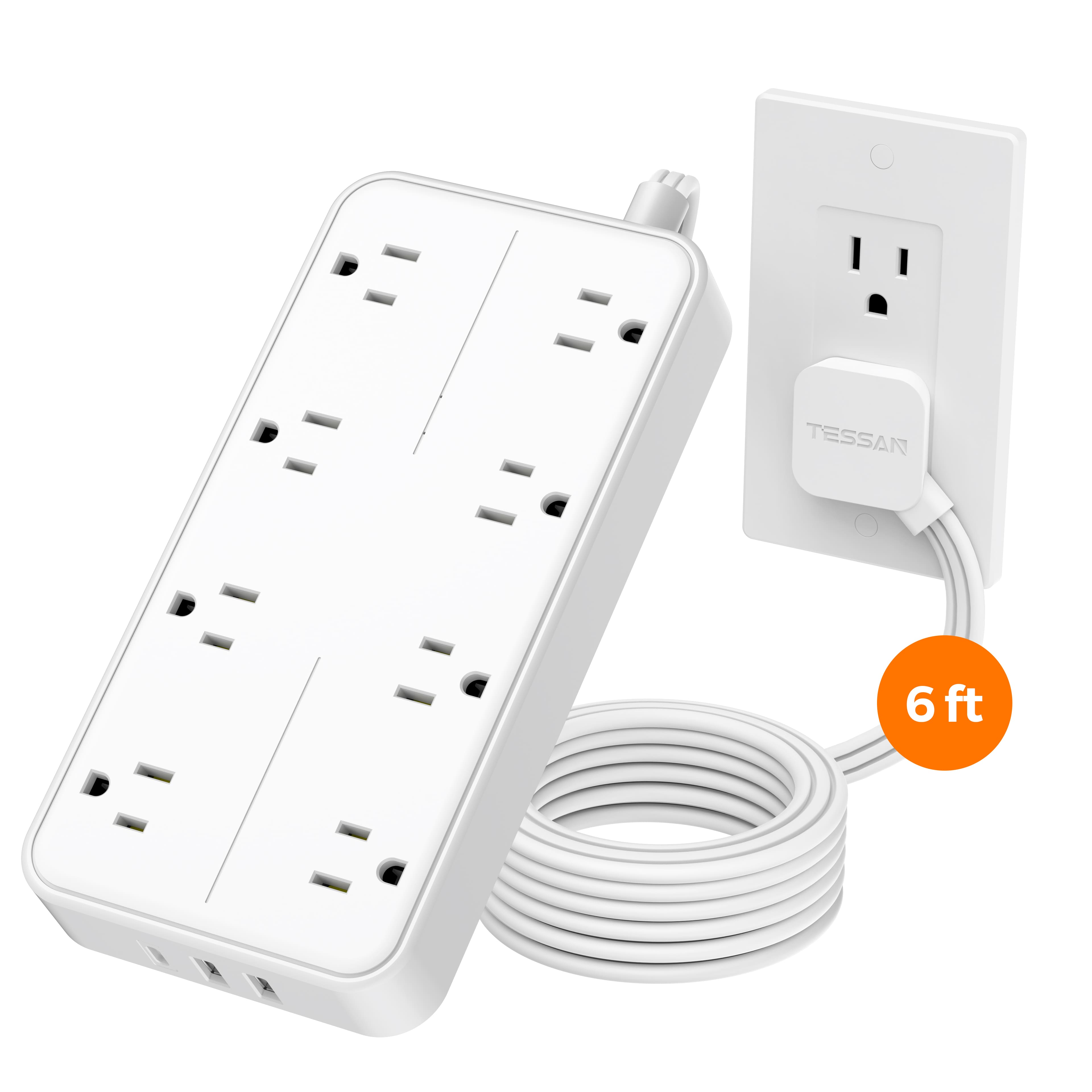 TESSAN - 8-in-1 Outlet/2-USB/1-USB-C 1080 Joules Surge Protector Power Strip - White