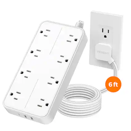 Front. TESSAN - 8-Outlet / 1-USB-C / 2-USB-A 1080 Joules Surge Protector Flat Plug Power Strip with 6 ft Cord - White.