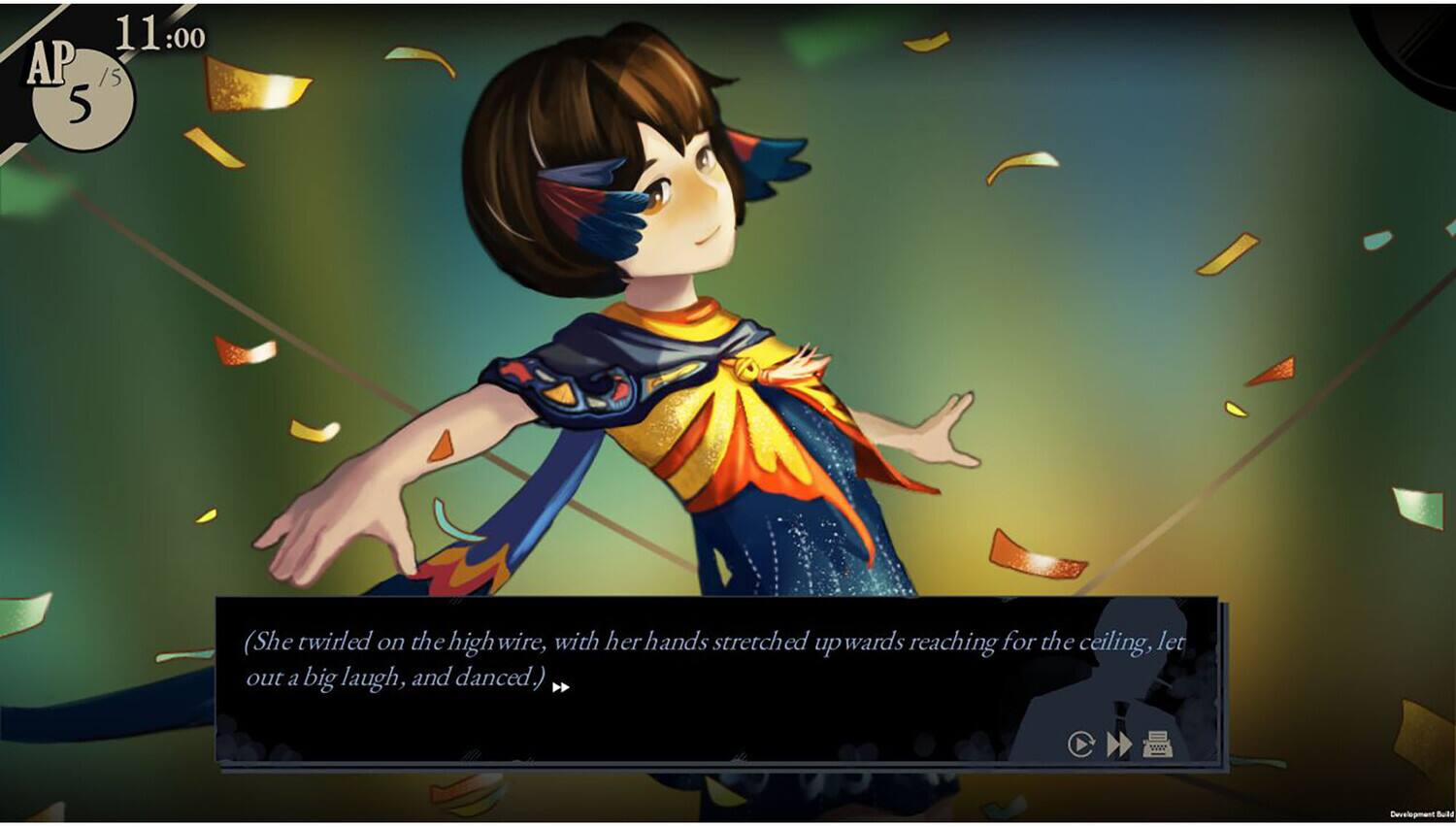 11:00 AP /5 5

(She twirled on the high wire, with her hands stretched upwards reaching for the ceiling, let out a big laugh, and danced.)