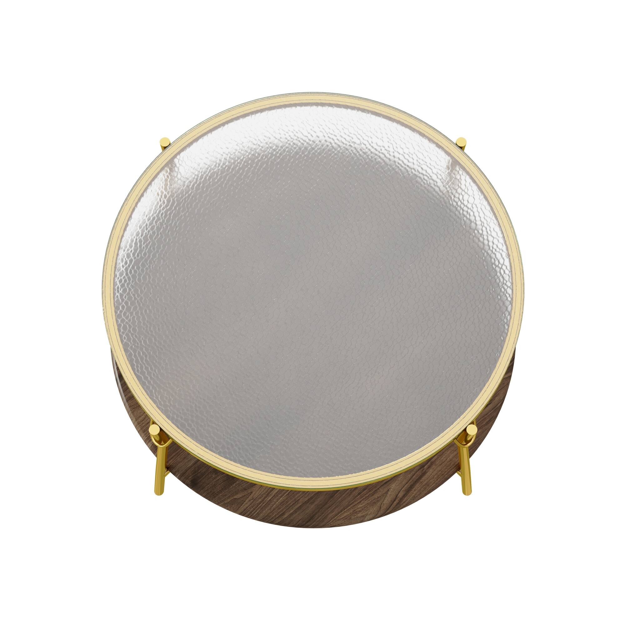 Alt View 7. GOODSILO - Modern Round Two-Tier Coffee Table with Tempered Glass Top and Elegant Metal Base - Gold+Glass,Walnut.