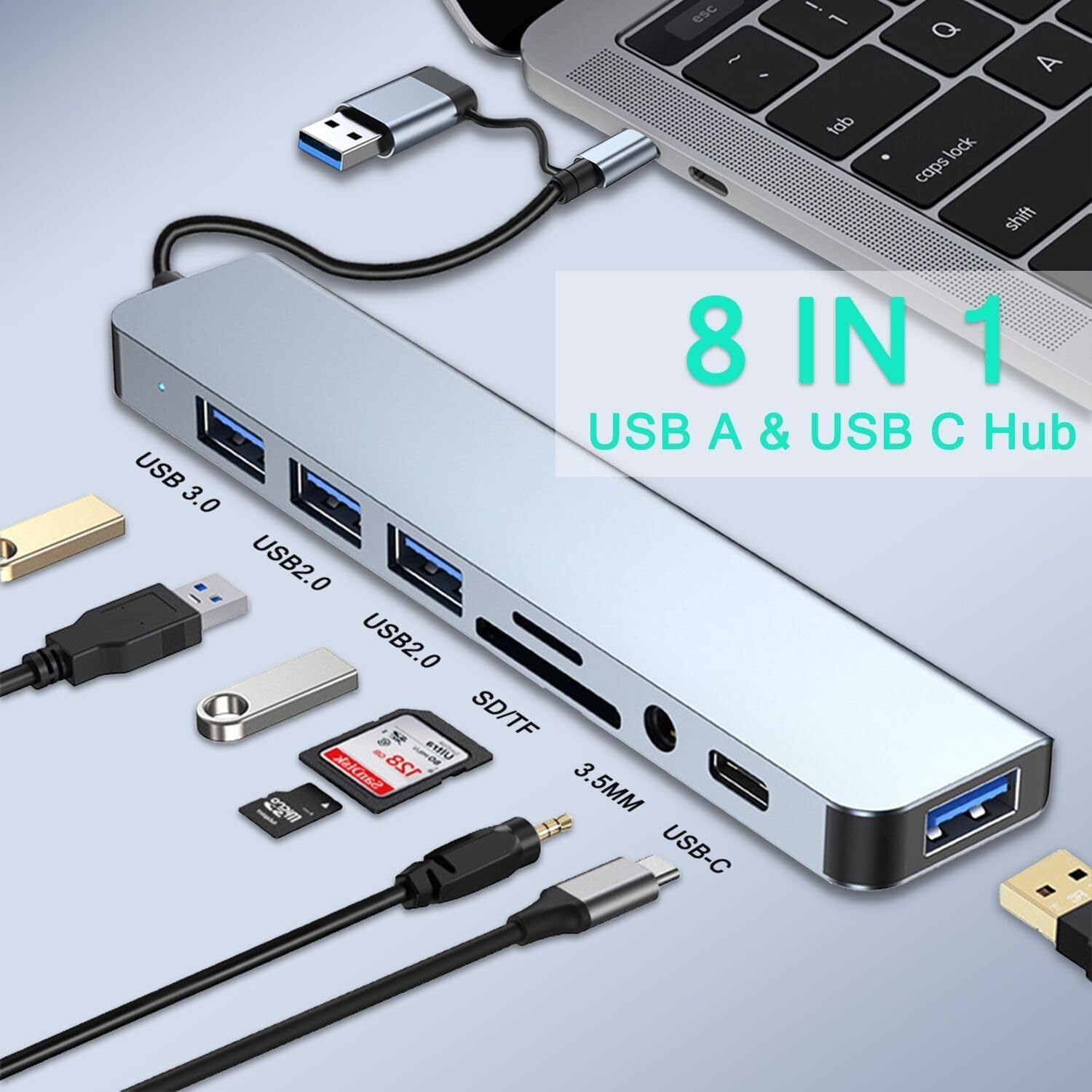 esc ~
1
tab lock caps shift 8 IN 1 USB A & USB C Hub USB 3.0 USB2.0 USB2.0 Ultra SD/TF $ Sandick 128 Wheco 3.5MM USB-C