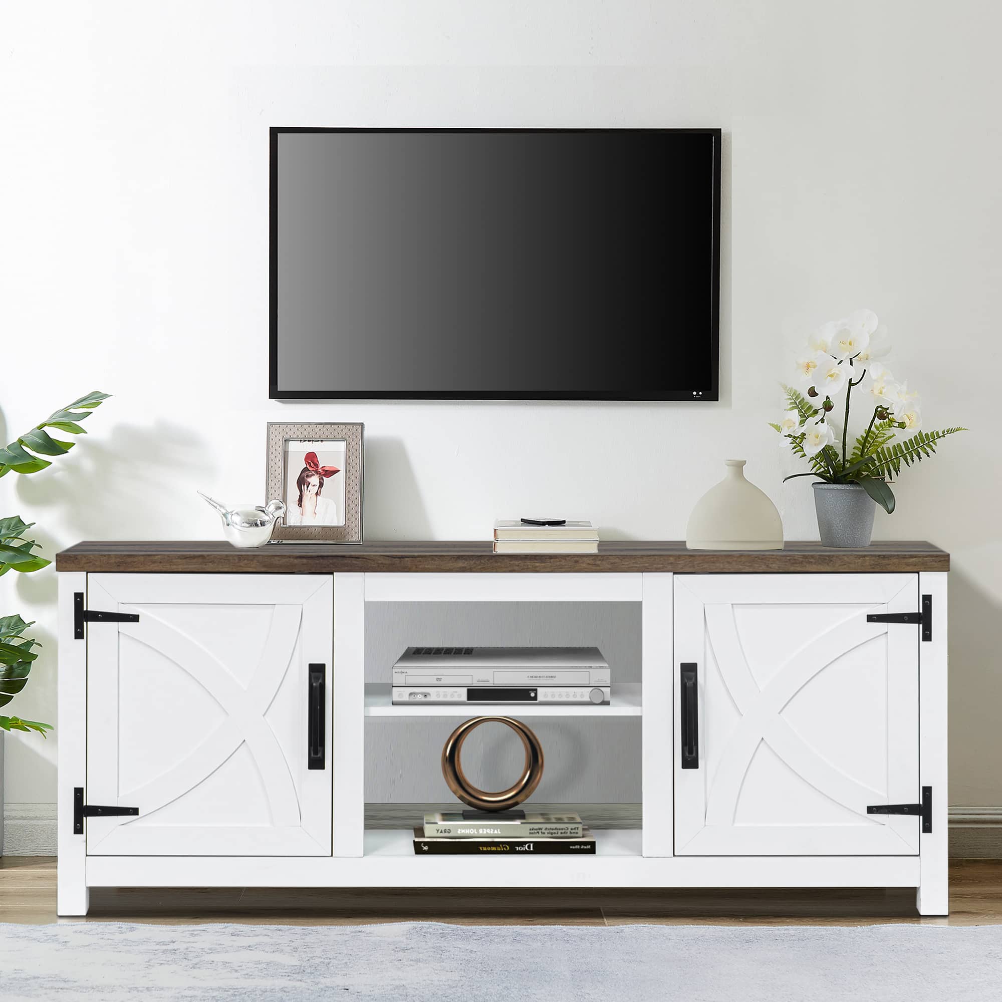 Ihomeadore - 58" Farmhouse TV Stand with Open Storage Shelves and Cabinets for TV up to 65" - White