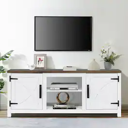 Ihomeadore - 58" Farmhouse TV Stand with Open Storage Shelves and Cabinets for TV up to 65" - White