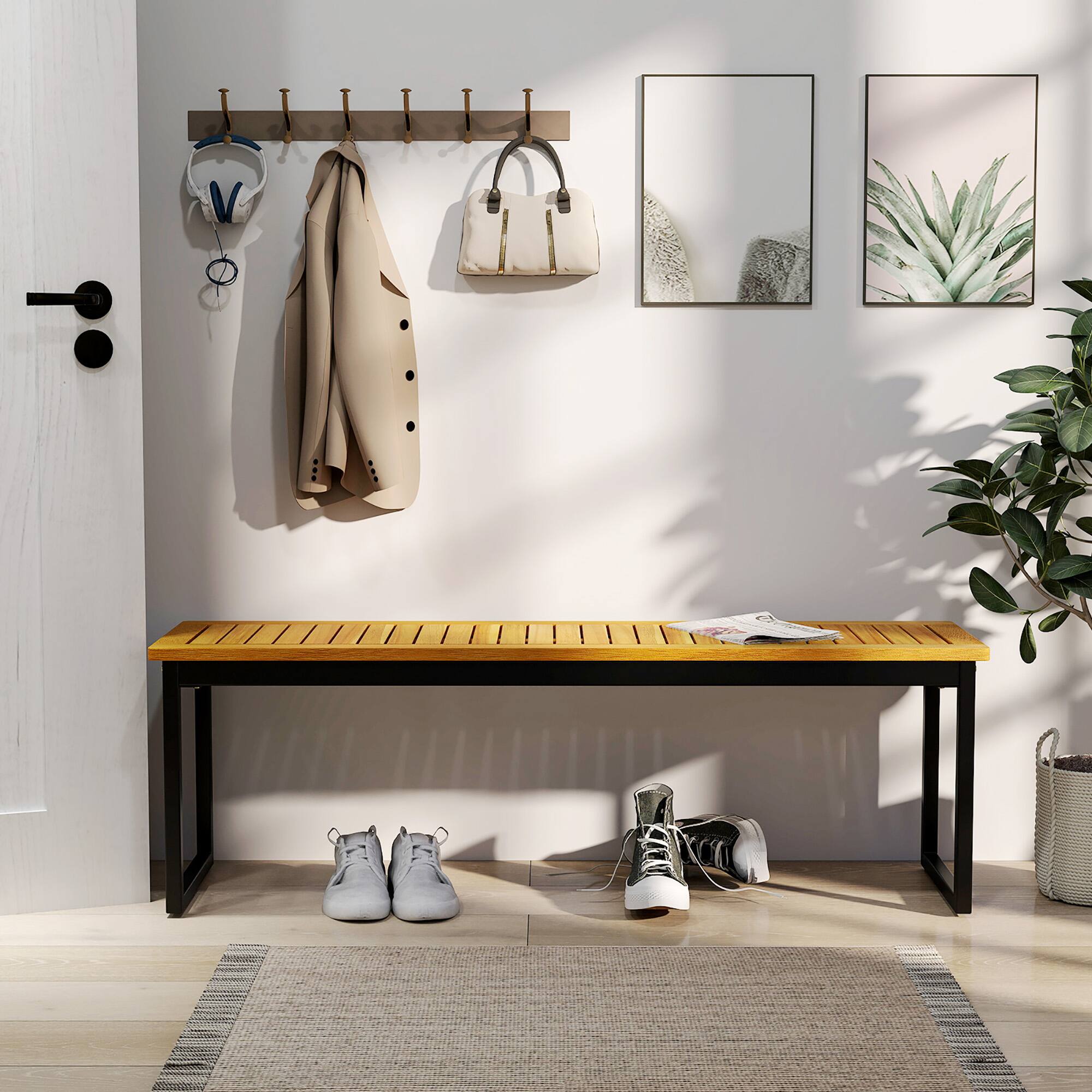 Alt View 3. Gymax - Gymax 2PCS 51'' Wooden Outdoor Bench Patio Dining Bench w/Acacia Wood Seat Natural - Natural, Black.