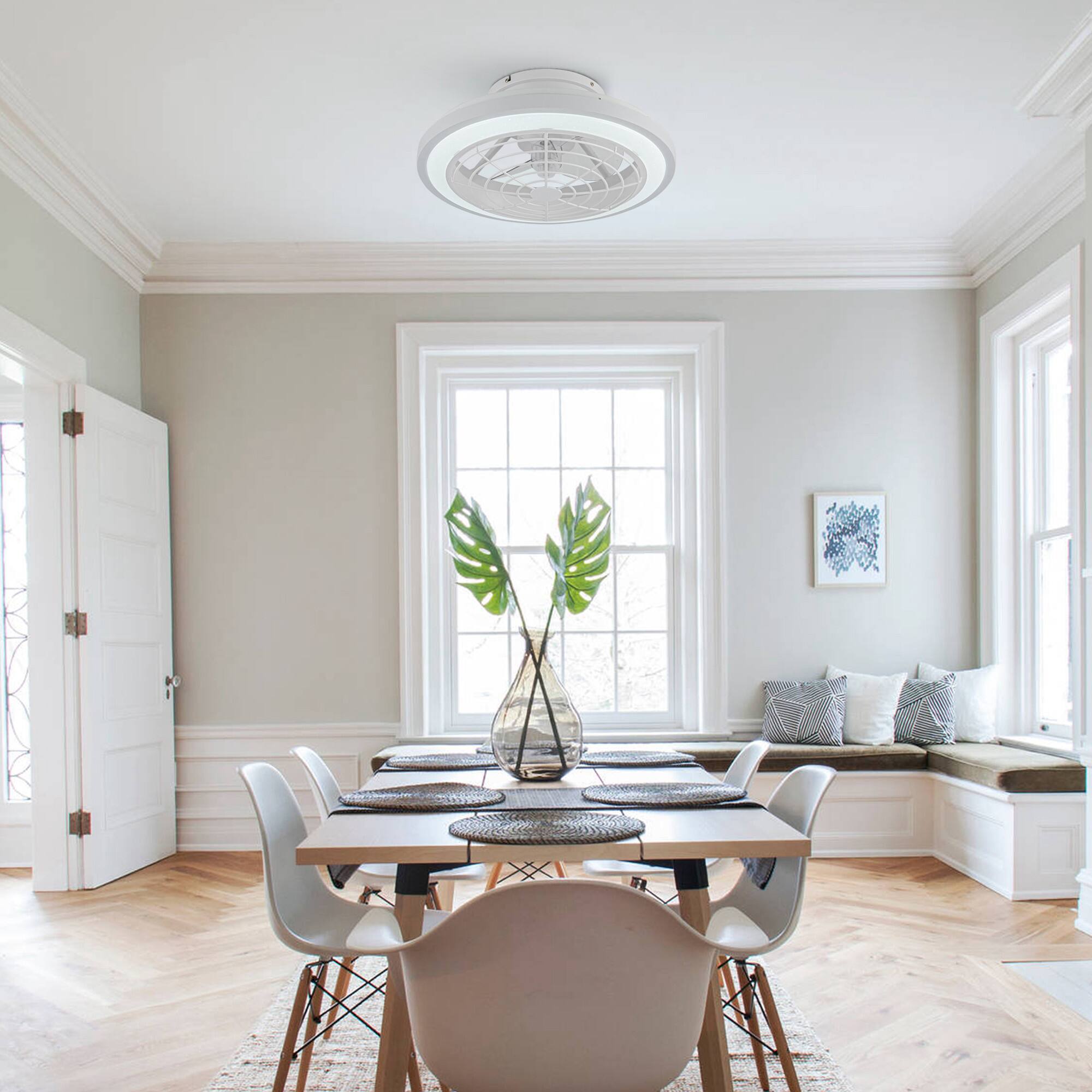 Angle. Parrot Uncle - 19" White Flush Mount Ceiling Fan with LED and Remote - White.