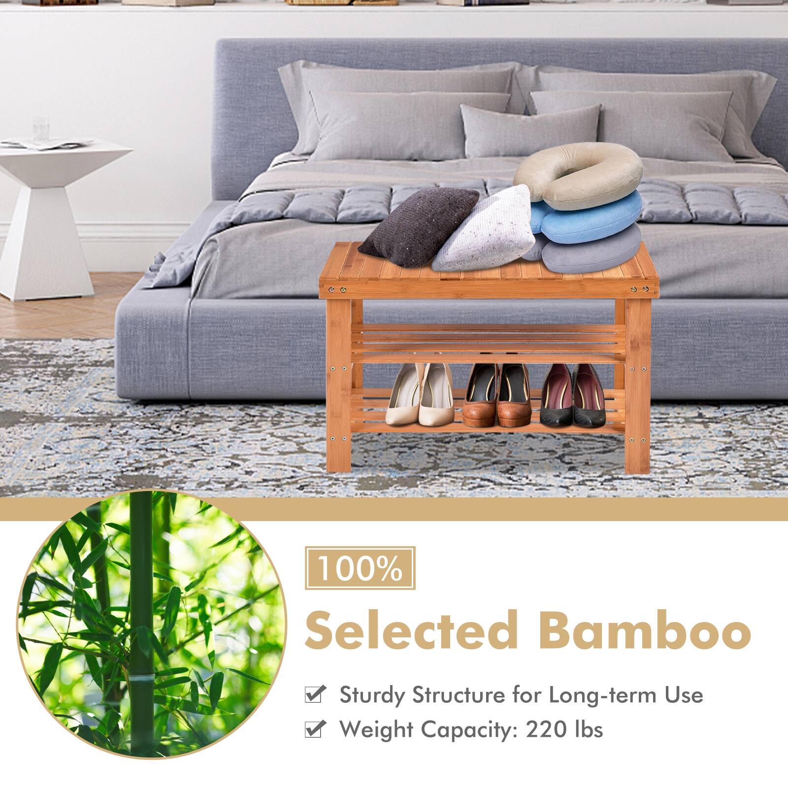 100% Selected Bamboo
Sturdy Structure for Long-term Use
Weight Capacity: 220 lbs