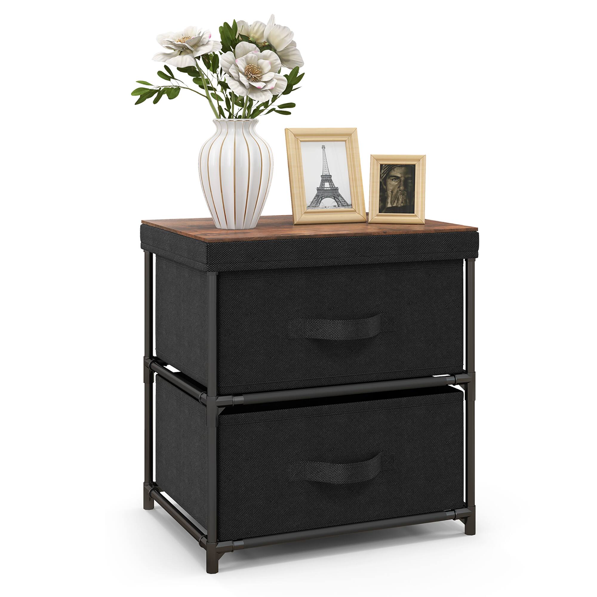 Alt View 19. Costway - 2PCS Fabric Bedside Table 2 Drawers Nightstand Small Dresser Bedroom Living Room - Black/Rustic Brown.