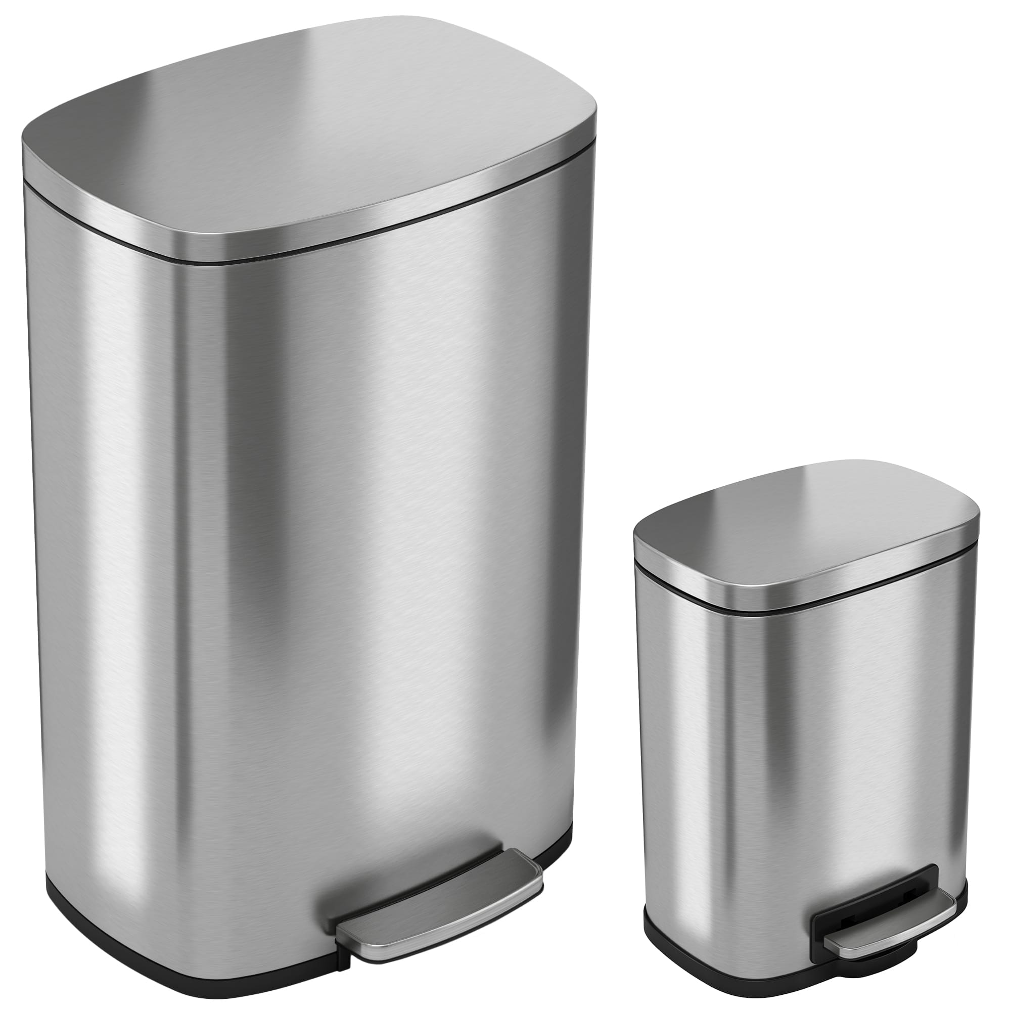 Angle. iTouchless - SoftStep Combo Pack 13.2 Gal & 1.32 Gal Step Trash Can with AbsorbX Odor Filter & Inner Bucket, Stainless Steel - Silver.