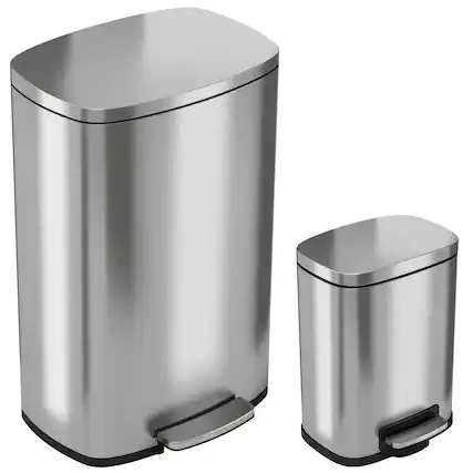 Angle. iTouchless - SoftStep Combo Pack 13.2 Gal & 1.32 Gal Step Trash Can with AbsorbX Odor Filter & Inner Bucket, Stainless Steel - Silver.