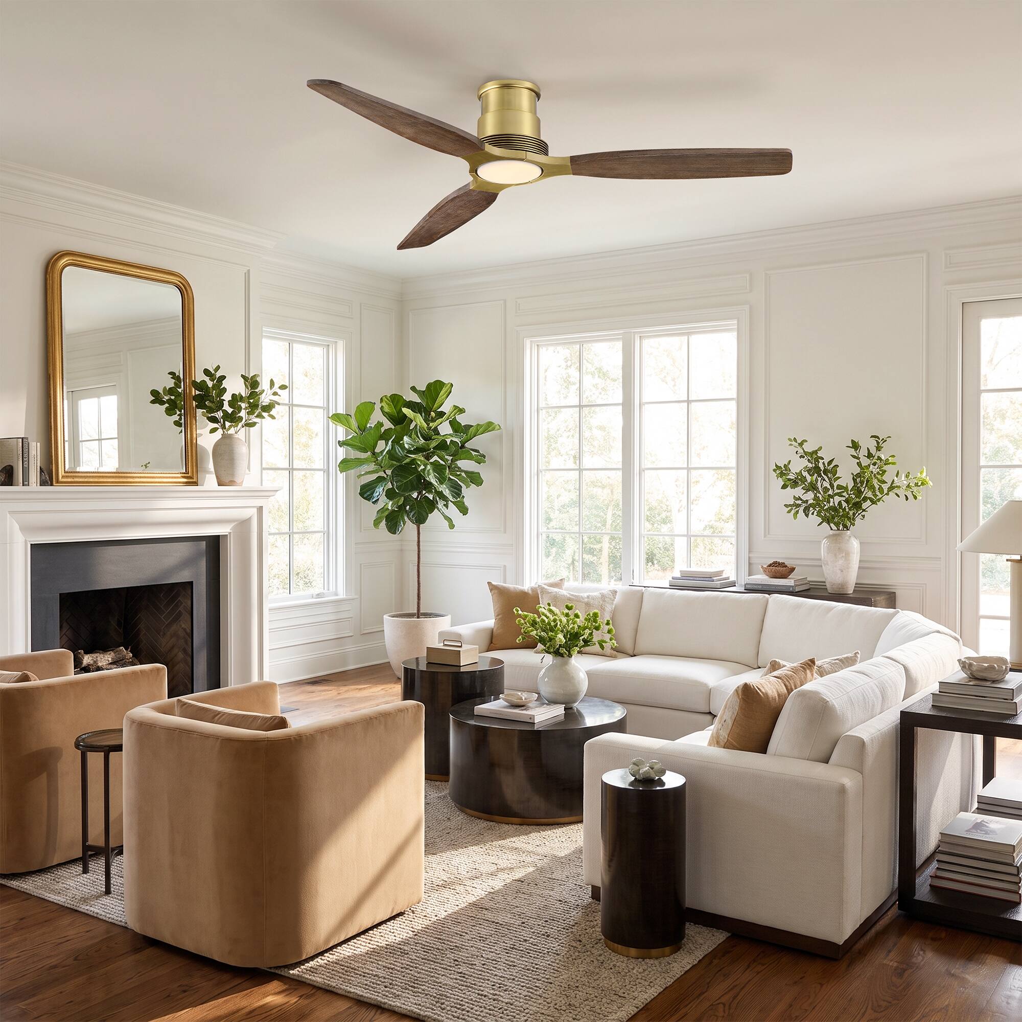 Angle. Parrot Uncle - 48" Mid Century Solid Wood Lightweight Flush Mount Ceiling Fan with Dimmable LED Light and Remote, 6-Speed DC Motor - Gold.