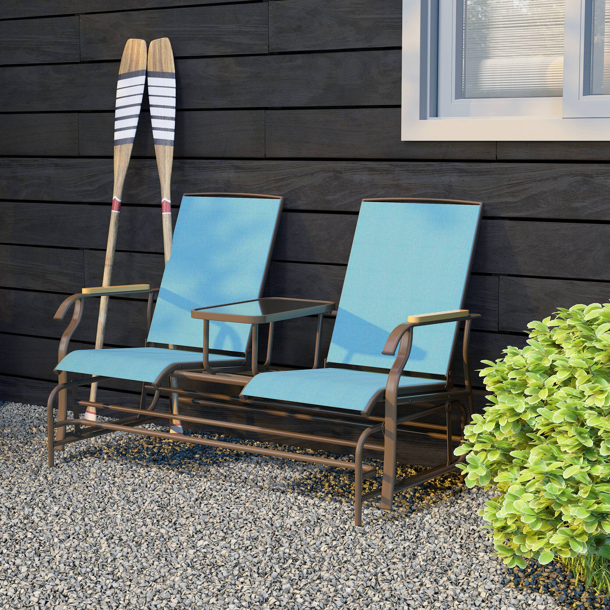 Alt View 5. Outsunny - 2 Person Outdoor Glider Bench, Patio Swing Glider Chair Loveseat with Breathable Mesh, Table, Steel Frame for Garden - Blue.