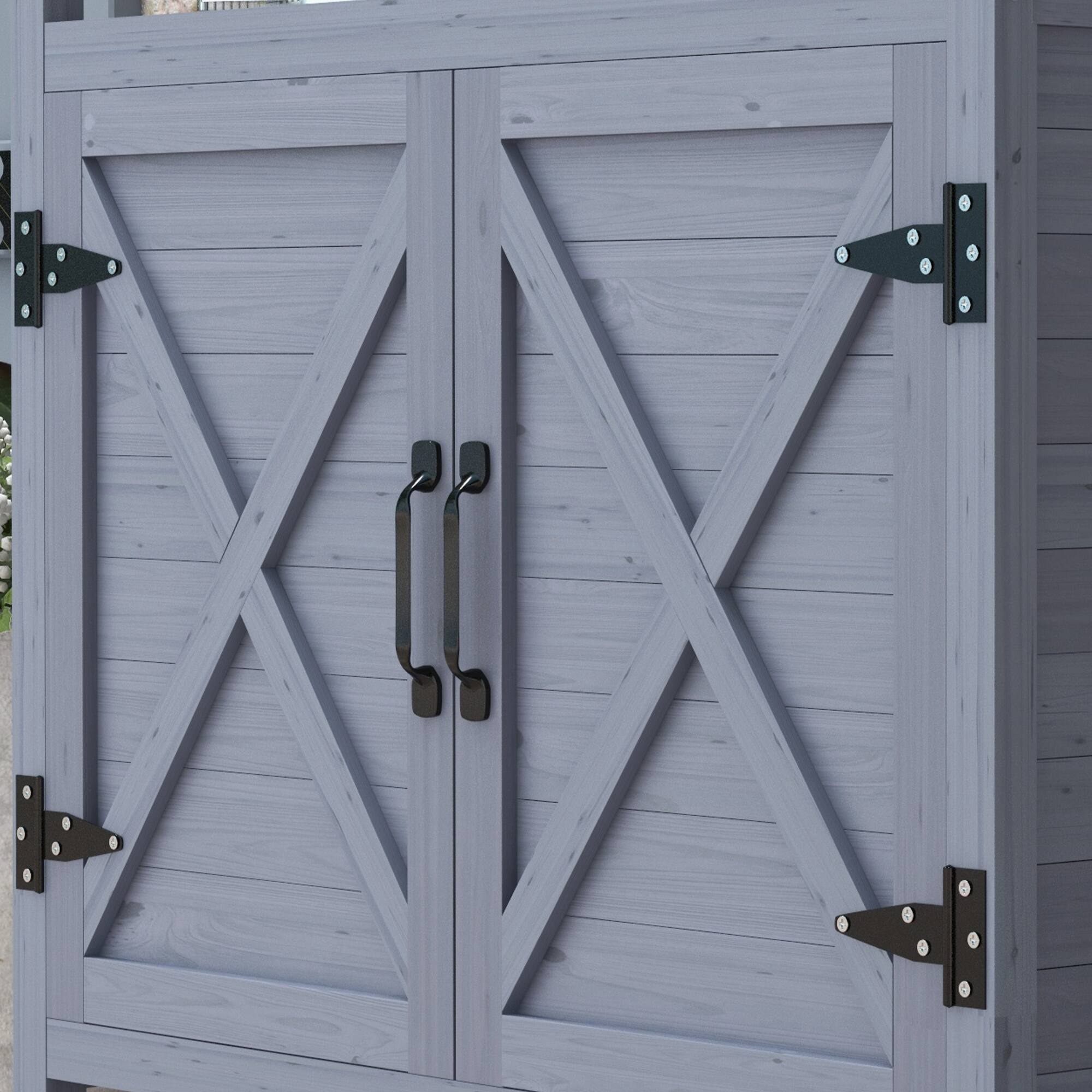 Alt View 7. Outsunny - Outdoor Wooden Potting Bench Table, Garden Workstation with Storage Cabinet, Aluminum Table Top, Rubber Wheels - Gray.