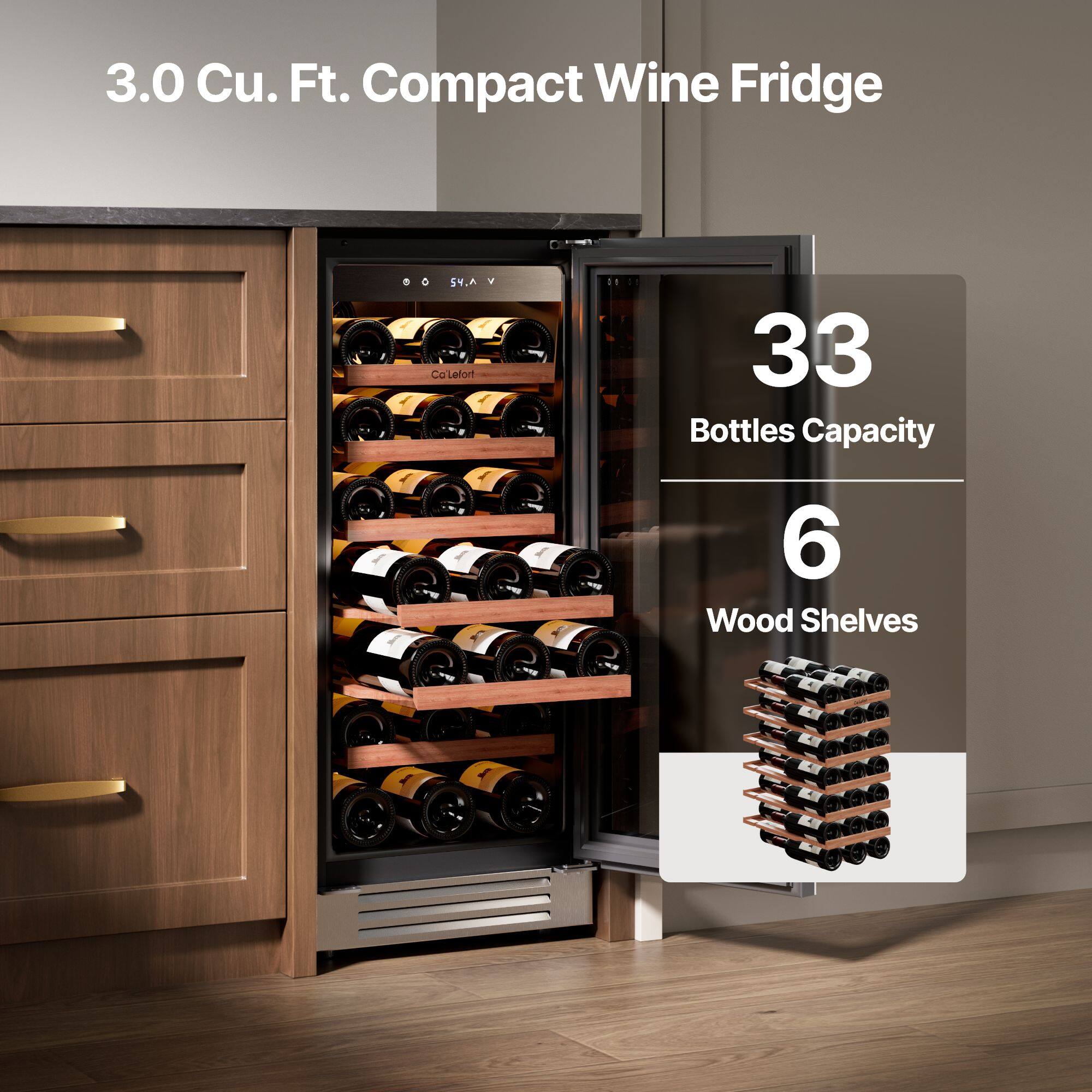 3.0 Cu. Ft. Compact Wine Fridge  
33 Bottles Capacity  
6 Wood Shelves