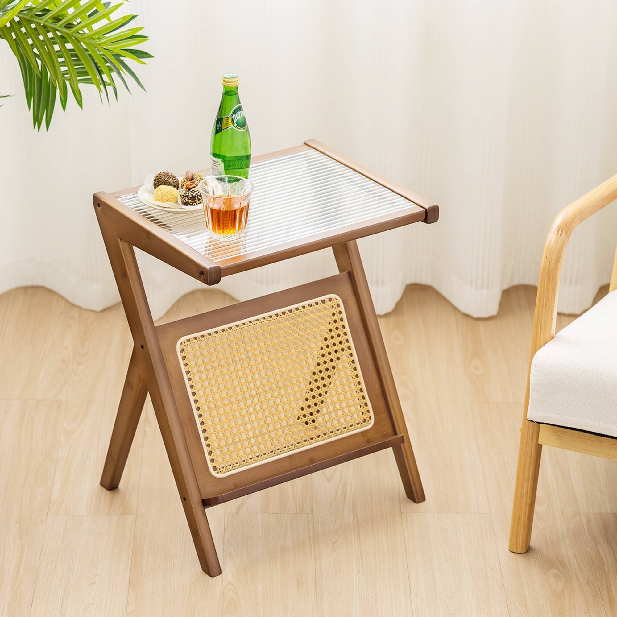 Alt View 3. Costway - Rattan Side Table Bamboo Accent Bedside Table with Tempered Glass Top - Walnut.