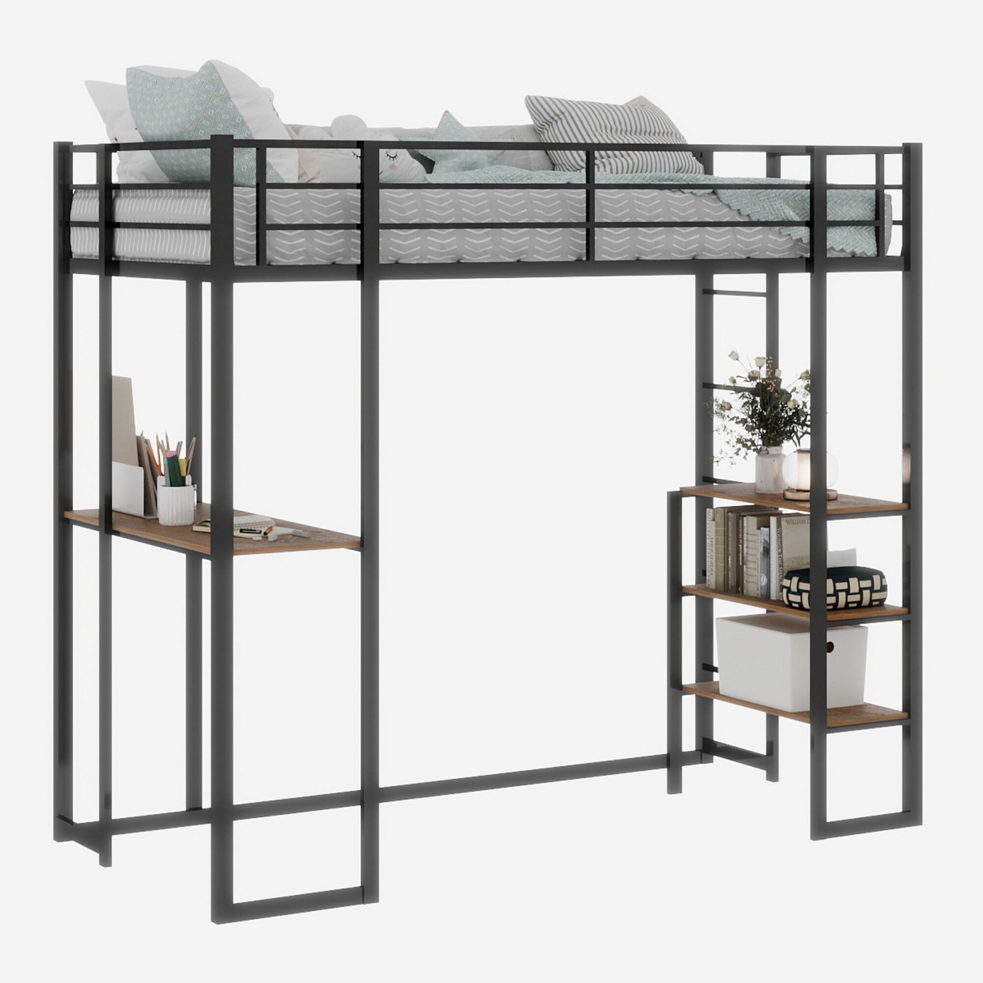 Alt View 4. GOODSILO - Space-Saving Iron Frame Bunk Bed with Integrated L-Shaped Desk and Dual-Side Accessible Staircase for Children and Teens - Black.