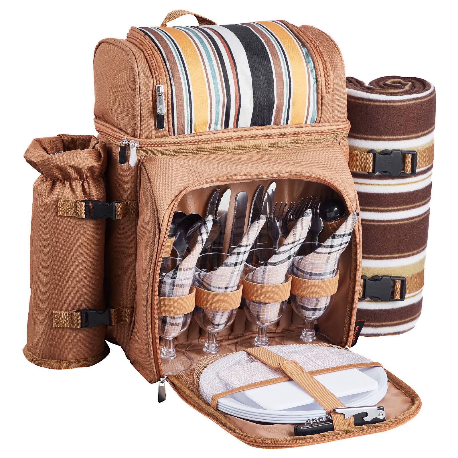 Alt View 5. VEVOR - Picnic Backpack, Beach Picnic Backpack Bag for 4 Person with Insulated Cooler Compartment, Detachable Bottle/Wine Holder - Brown.