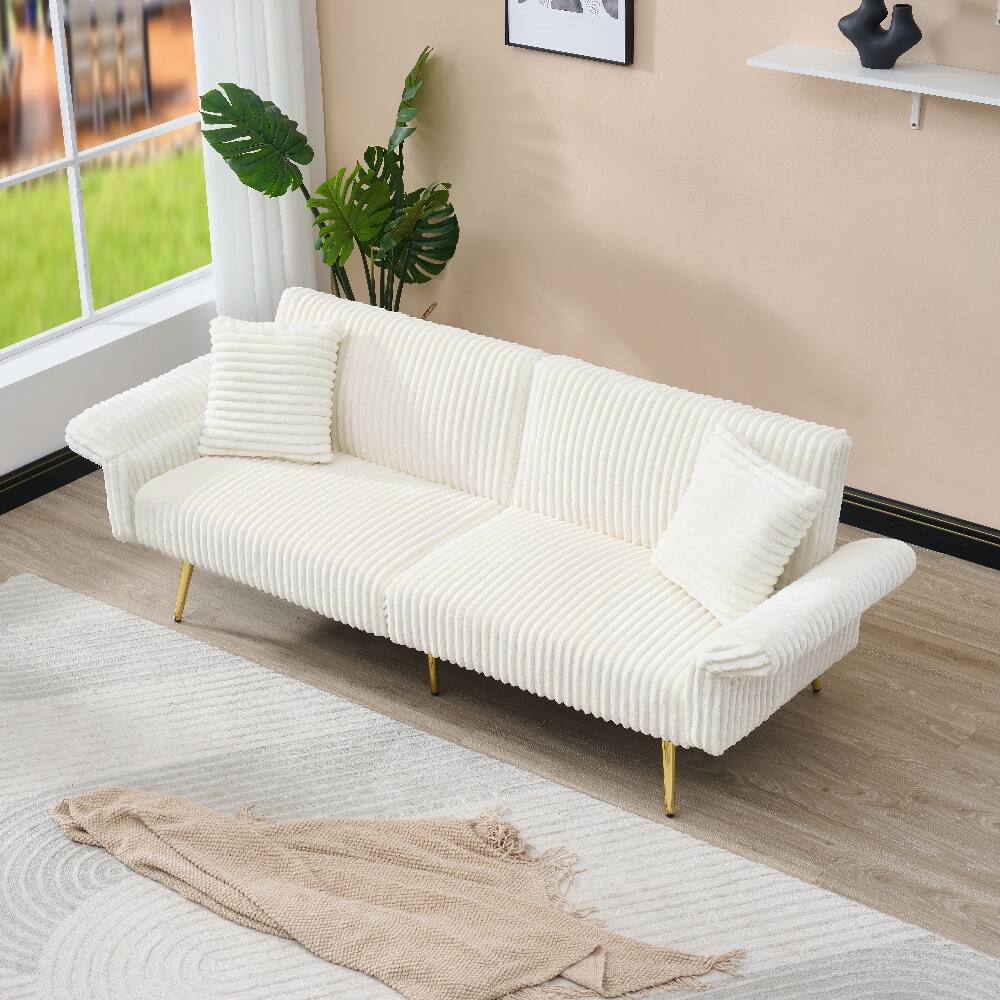 Alt View 2. Loheer - Loheer 79 Inch Corduroy Sofa Bed Foldable Double Sleeper Sofa with Adjustable Armrests for Small Spaces - White.
