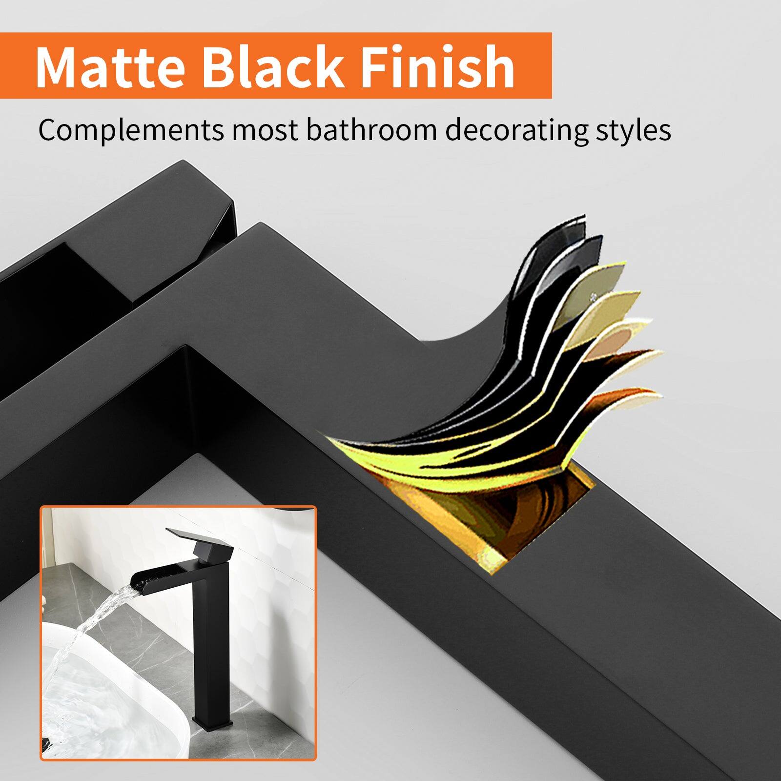 Matte Black Finish  
Complements most bathroom decorating styles