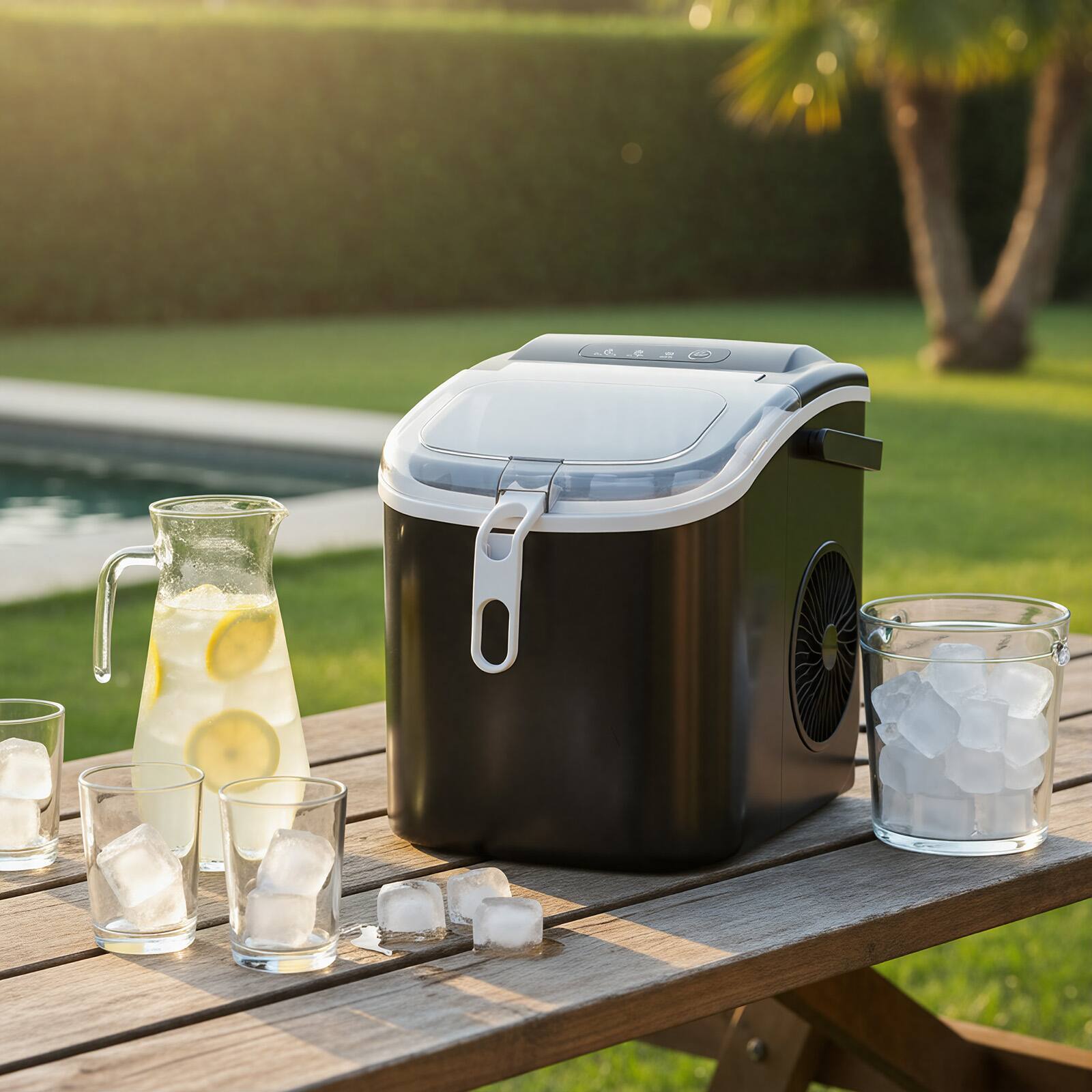 Angle. LHRIVER - Portable Countertop Ice Maker with Carrying Handle and Scoop, 9 Ice Cubes in 6 Minutes, 26 lbs Daily Output - Black.