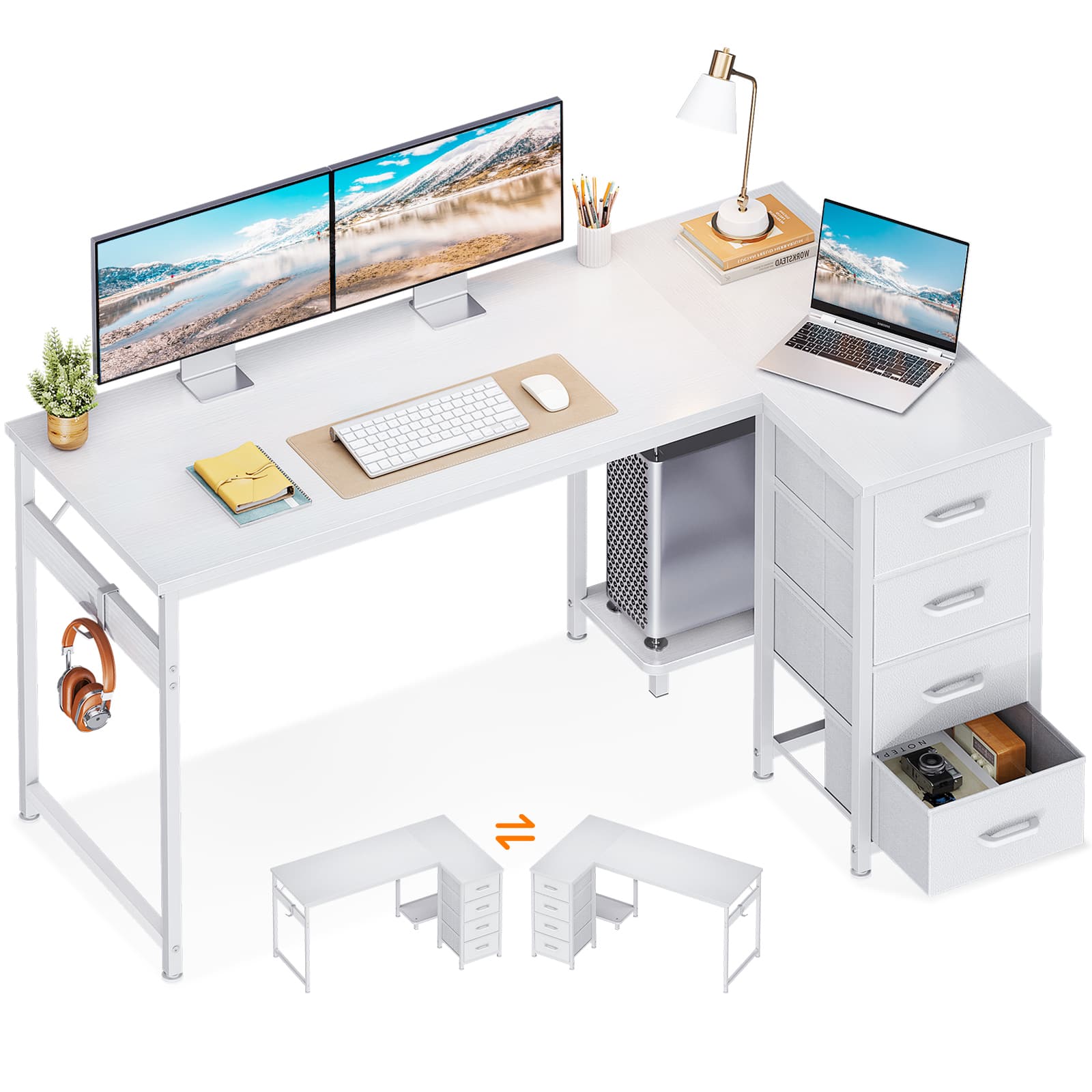 AODK - Reversible L Shaped Desk with 4 Fabric Drawers, Corner Computer Table with CPU Stand & Hook for Home Office - White