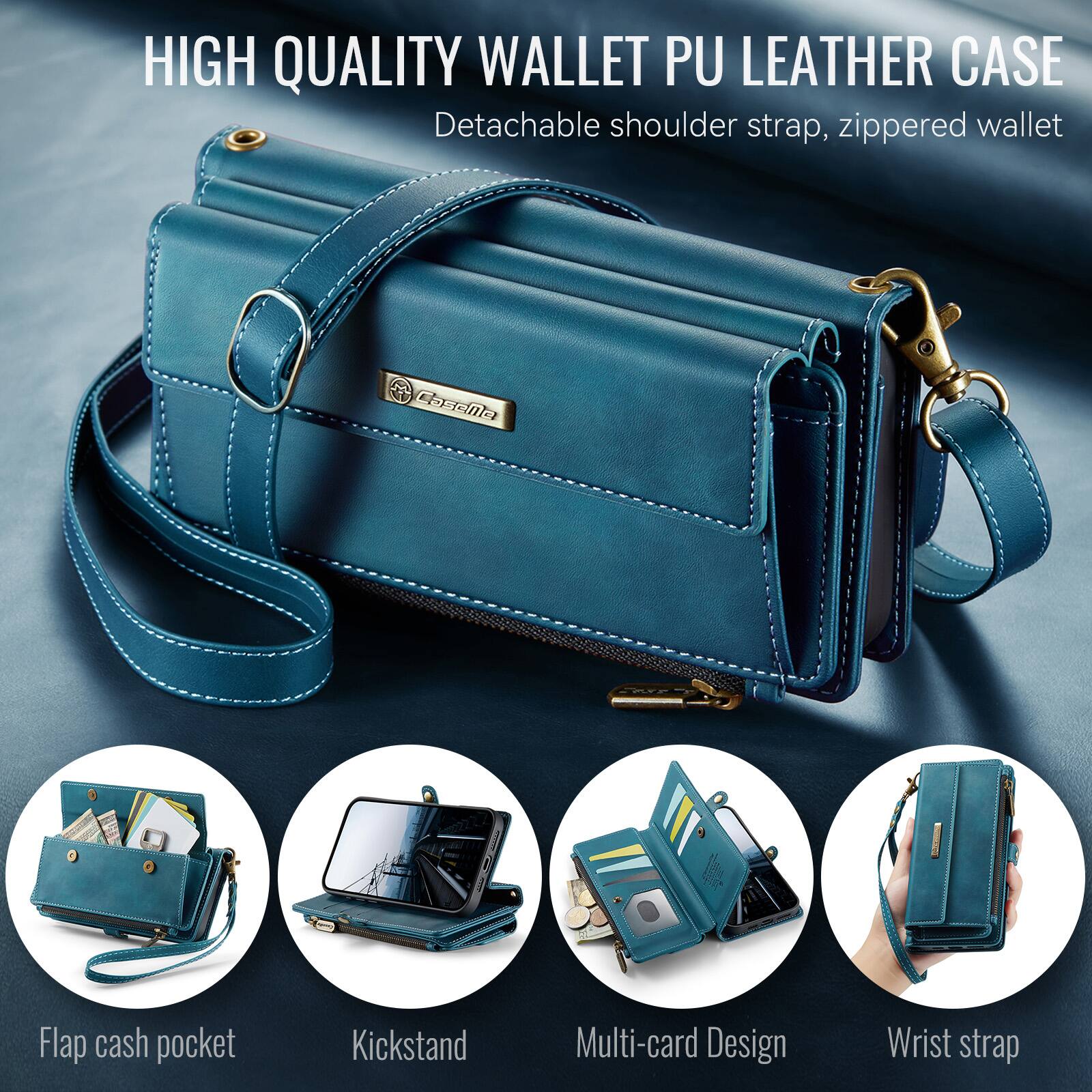 HIGH QUALITY WALLET PU LEATHER CASE  
Detachable shoulder strap, zippered wallet  

CaseMe  

Flap cash pocket  
Kickstand  
Multi-card Design  
Wrist strap
