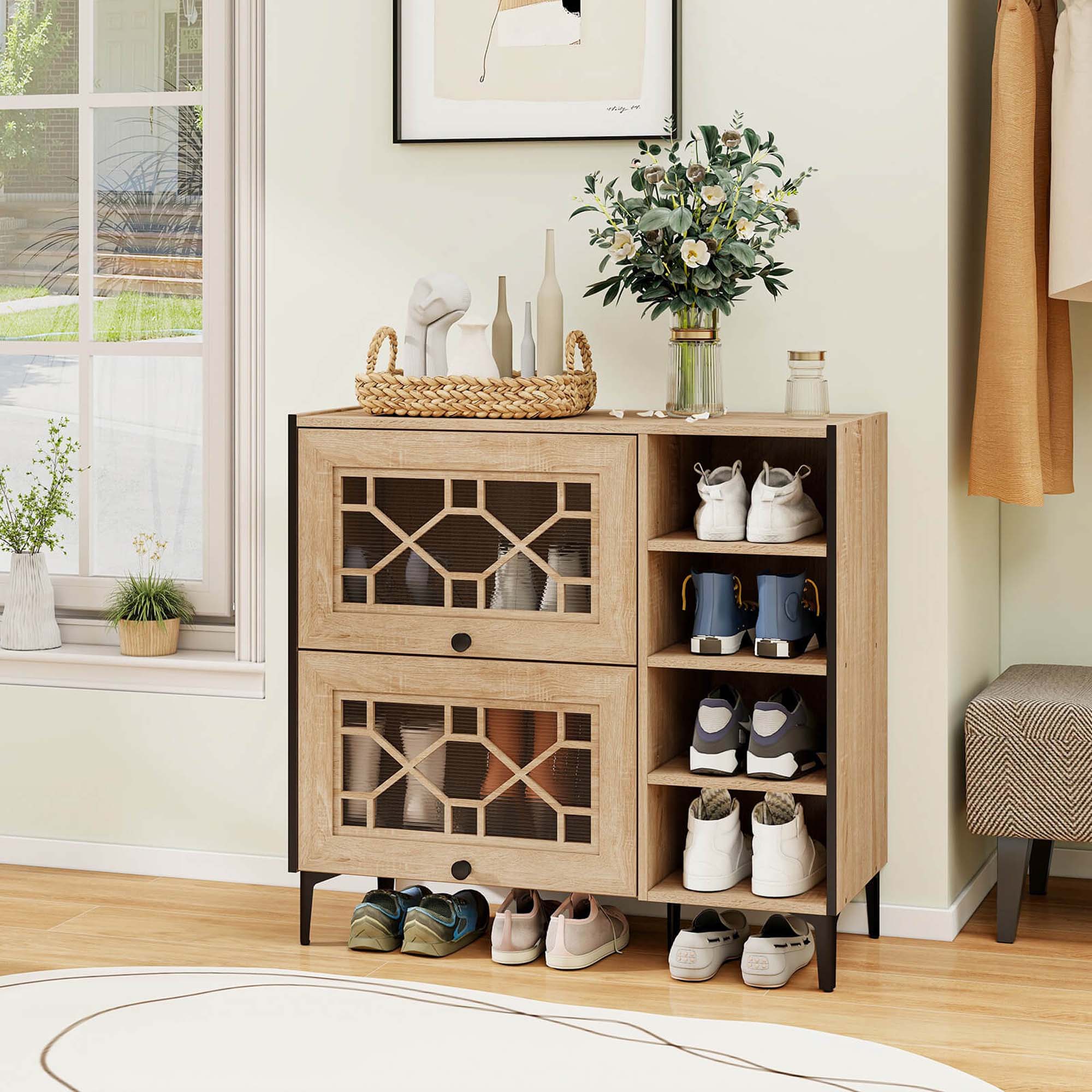 Alt View 11. Costway - Shoe Storage Cabinet with Flip Doors Adjustable and Removable Shelves for Entryway - Oak.