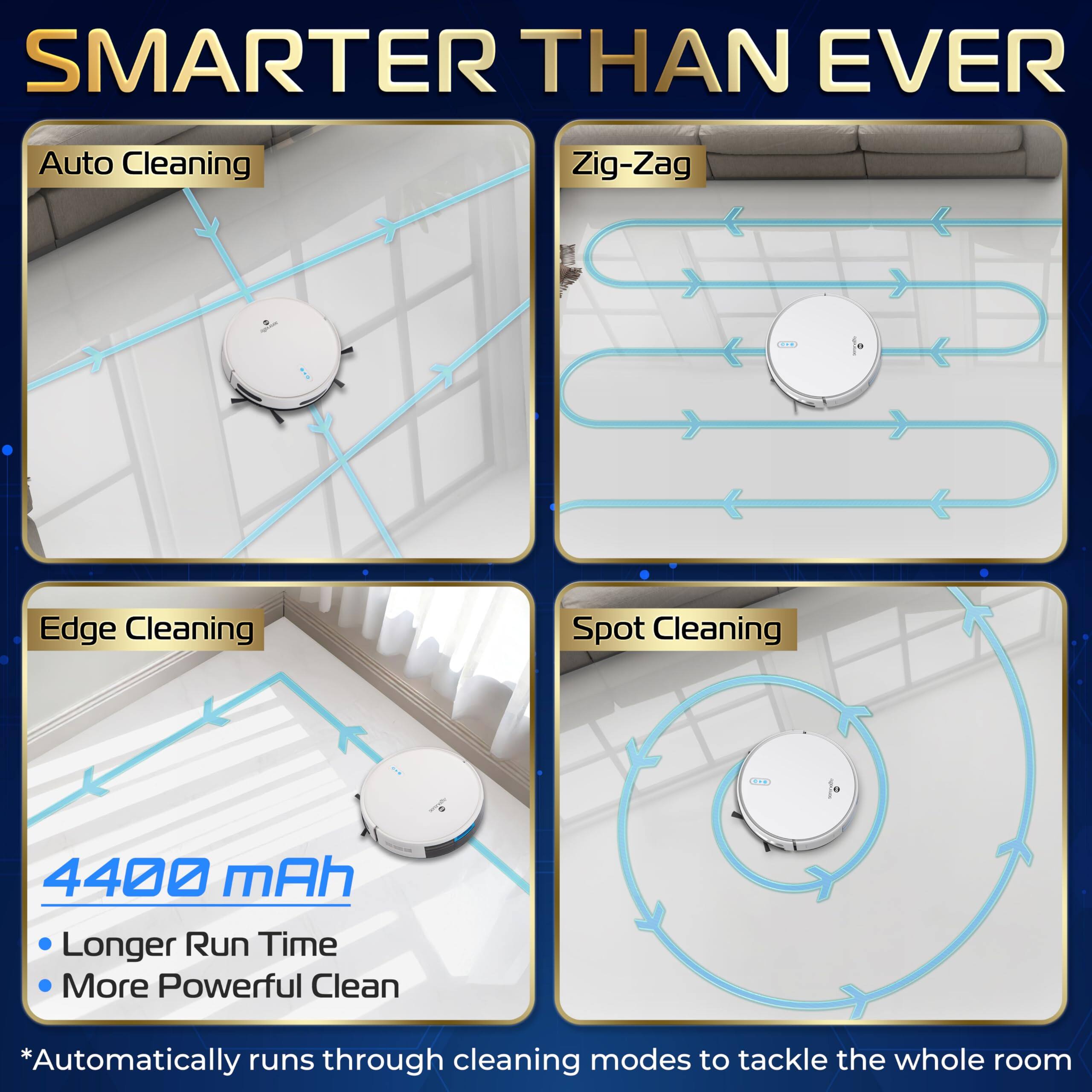 **SMARTER THAN EVER**

- Auto Cleaning
- Zig-Zag
- Edge Cleaning
- Spot Cleaning

**4400 mAh**
- Longer Run Time
- More Powerful Clean

*Automatically runs through cleaning modes to tackle the whole room