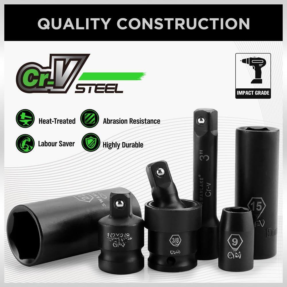 QUALITY CONSTRUCTION

CrV STEEL

- Heat-Treated
- Abrasion Resistance
- Labour Saver
- Highly Durable

IMPACT GRADE

3/8" SWANLAKE CrV 9 CD 15m