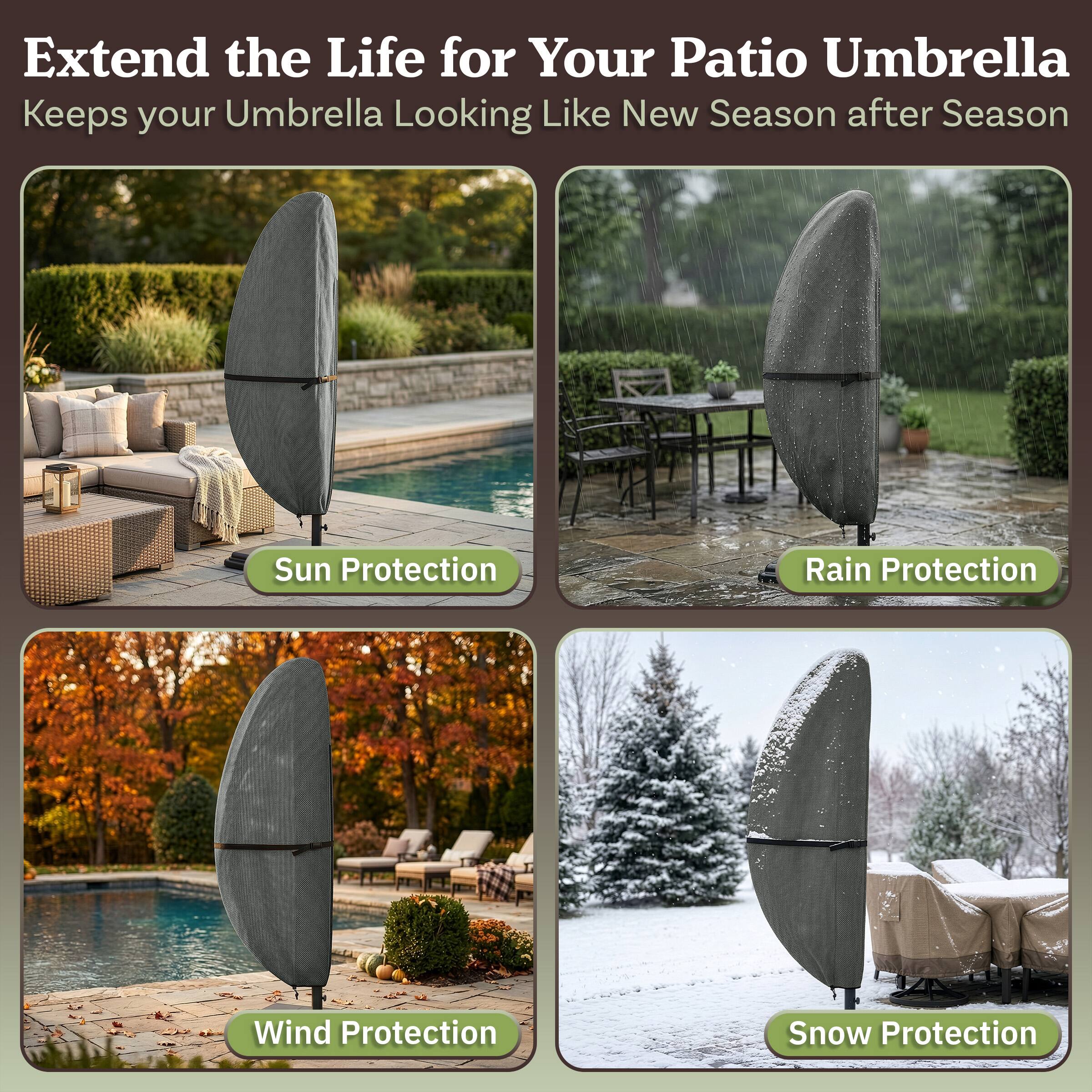Extend the Life for Your Patio Umbrella  
Keeps your Umbrella Looking Like New Season after Season  

- Sun Protection  
- Rain Protection  
- Wind Protection  
- Snow Protection
