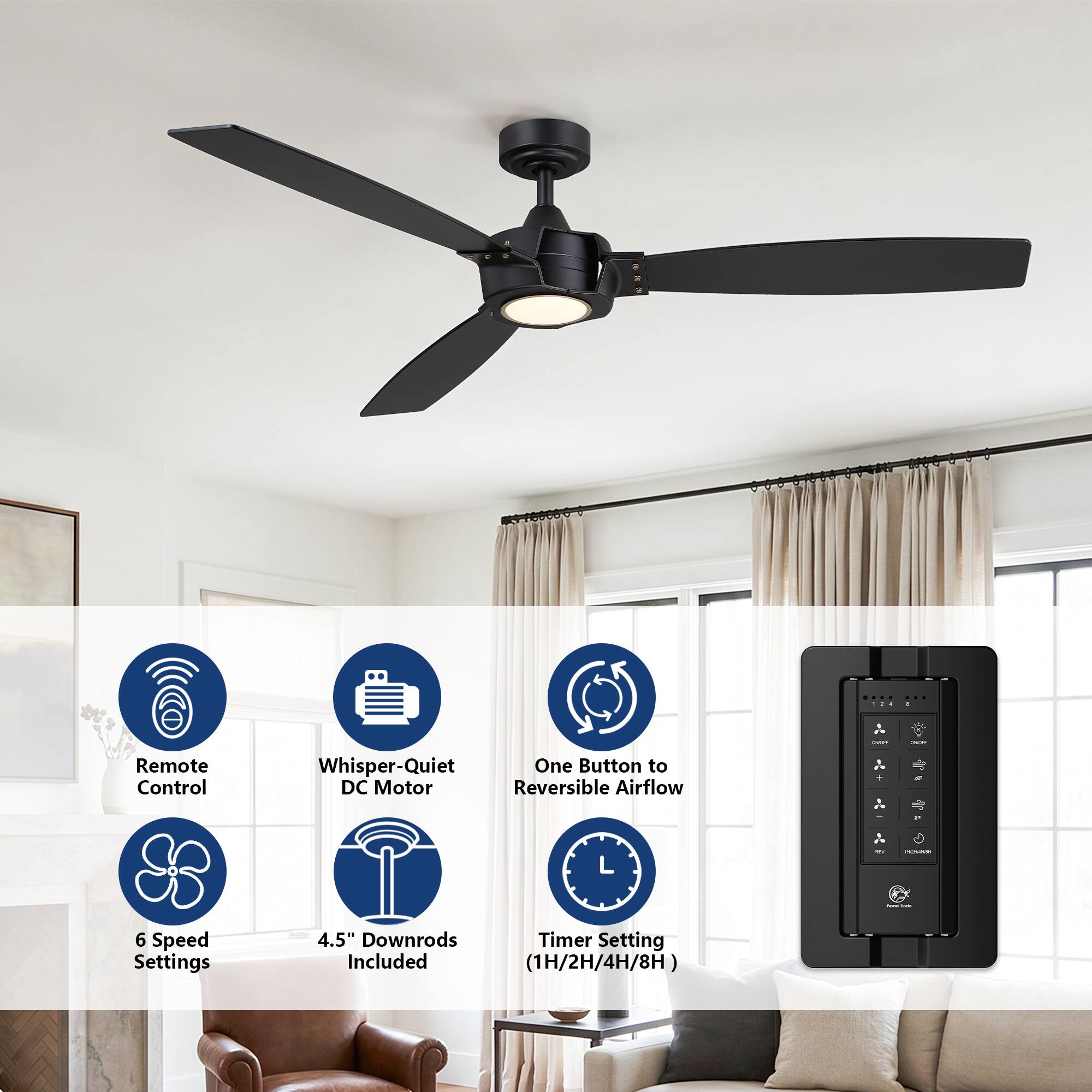 Remote Control Whisper-Quiet DC Motor Reversible Airflow One Button to 6 Speed Settings 4.5" Downrods Timer Setting Included (1H/2H/4H/8H)