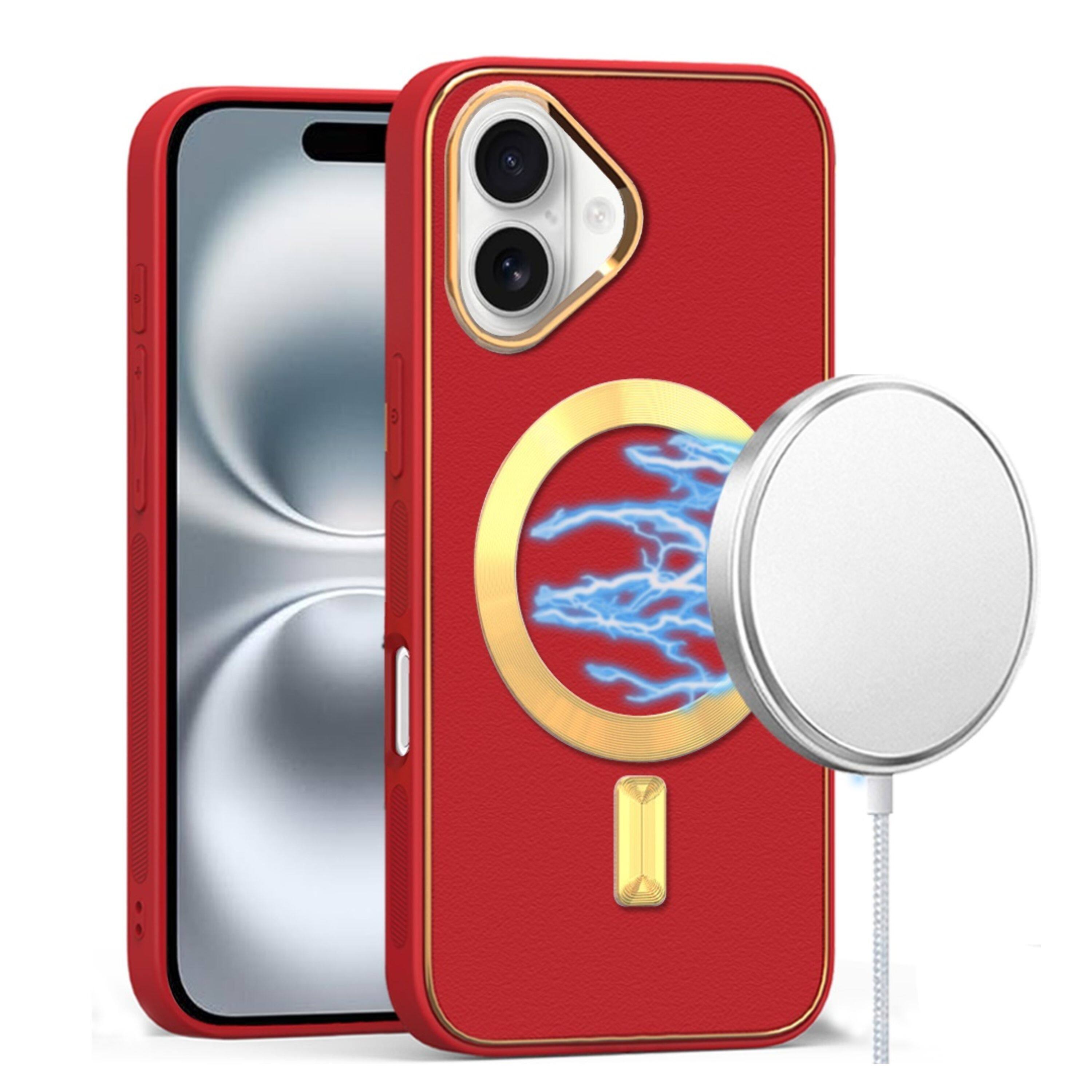Angle. Kitcheniva - Vegan Leather Cover Magnetic Circle Phone Case With Tempered Glass For iPhone 16 Red - Red.