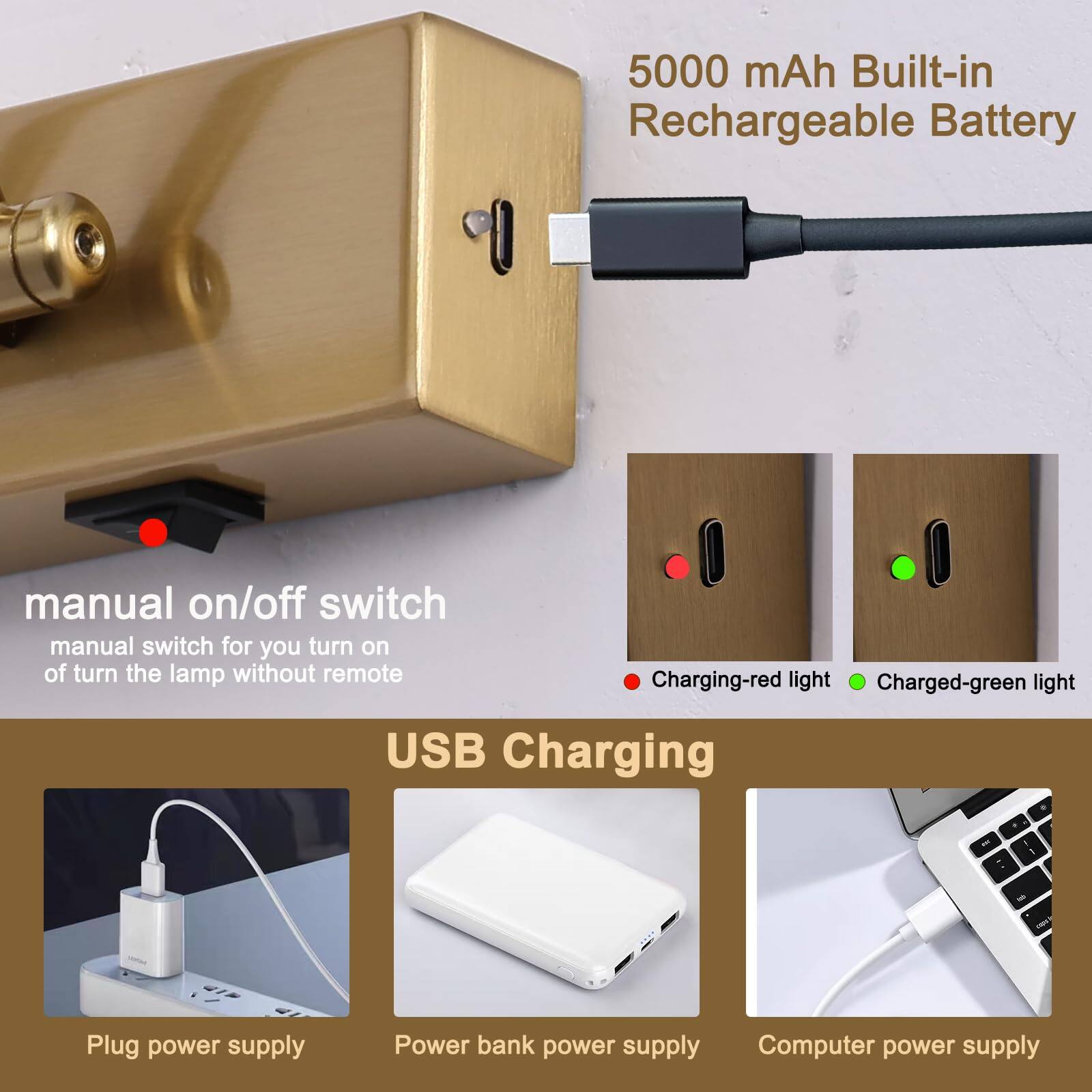 5000 mAh Built-in Rechargeable Battery

manual on/off switch  
manual switch for you to turn on or turn the lamp without remote

USB Charging  
Charging-red light  
Charged-green light

Plug power supply  
Power bank power supply  
Computer power supply