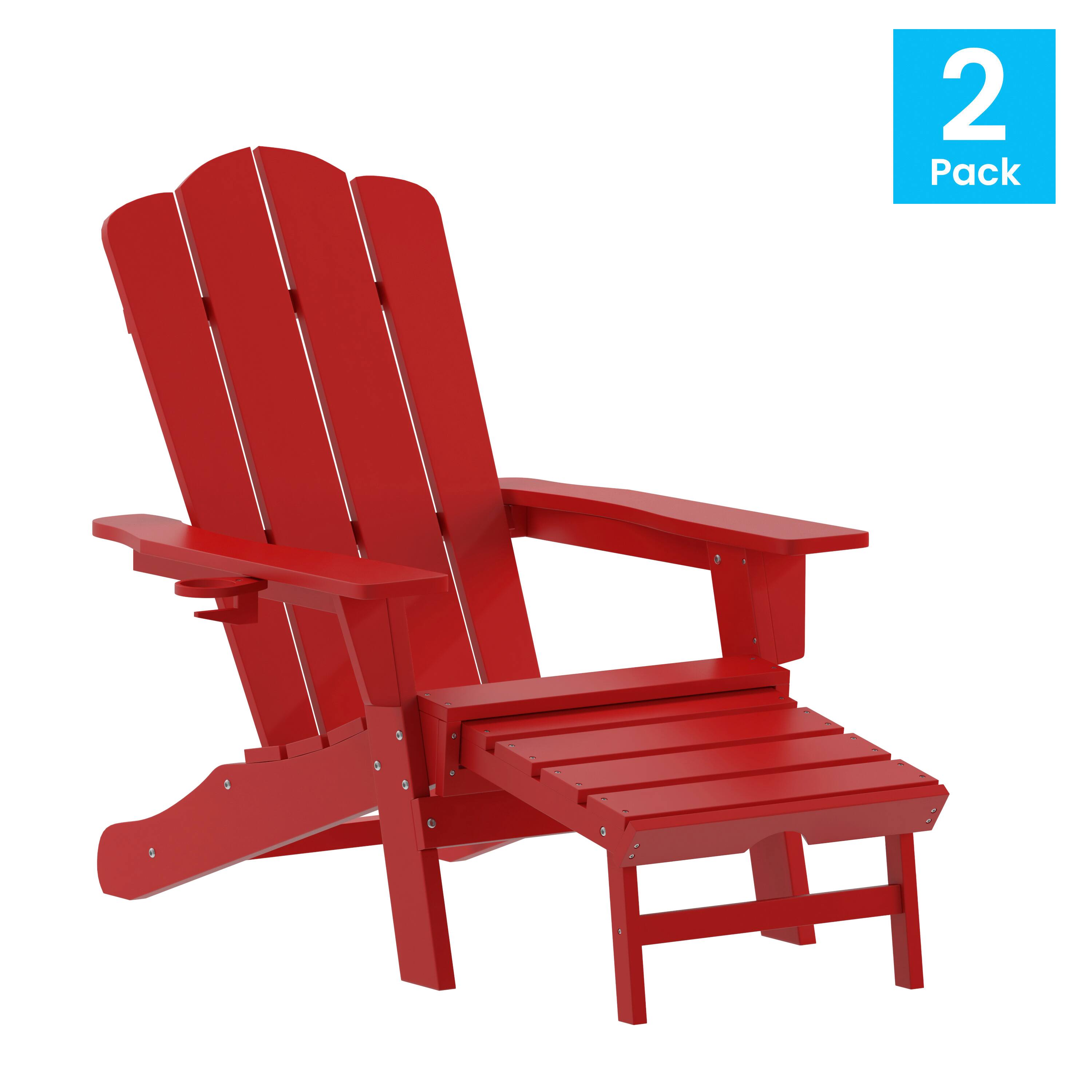 Alt View 1. Emma + Oliver - Tiverton Set of 2 Adirondack Chairs with Cup Holders and Pull Out Ottoman, All-Weather HDPE Indoor/Outdoor Lounge Chairs - Red.