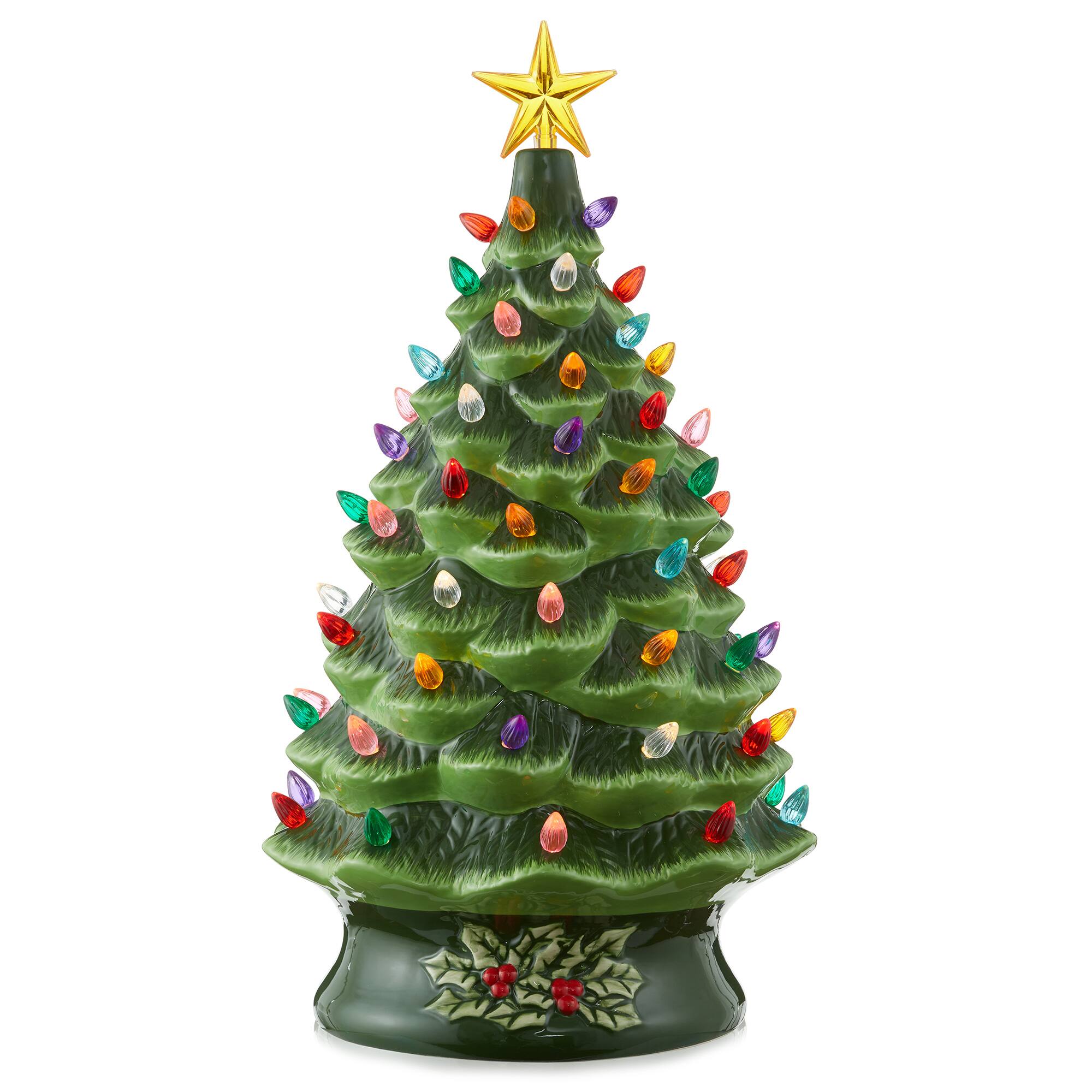 Front. Casafield - 24-in Hand Painted Ceramic Christmas Tree - Pre-Lit Tree with Star - Green.