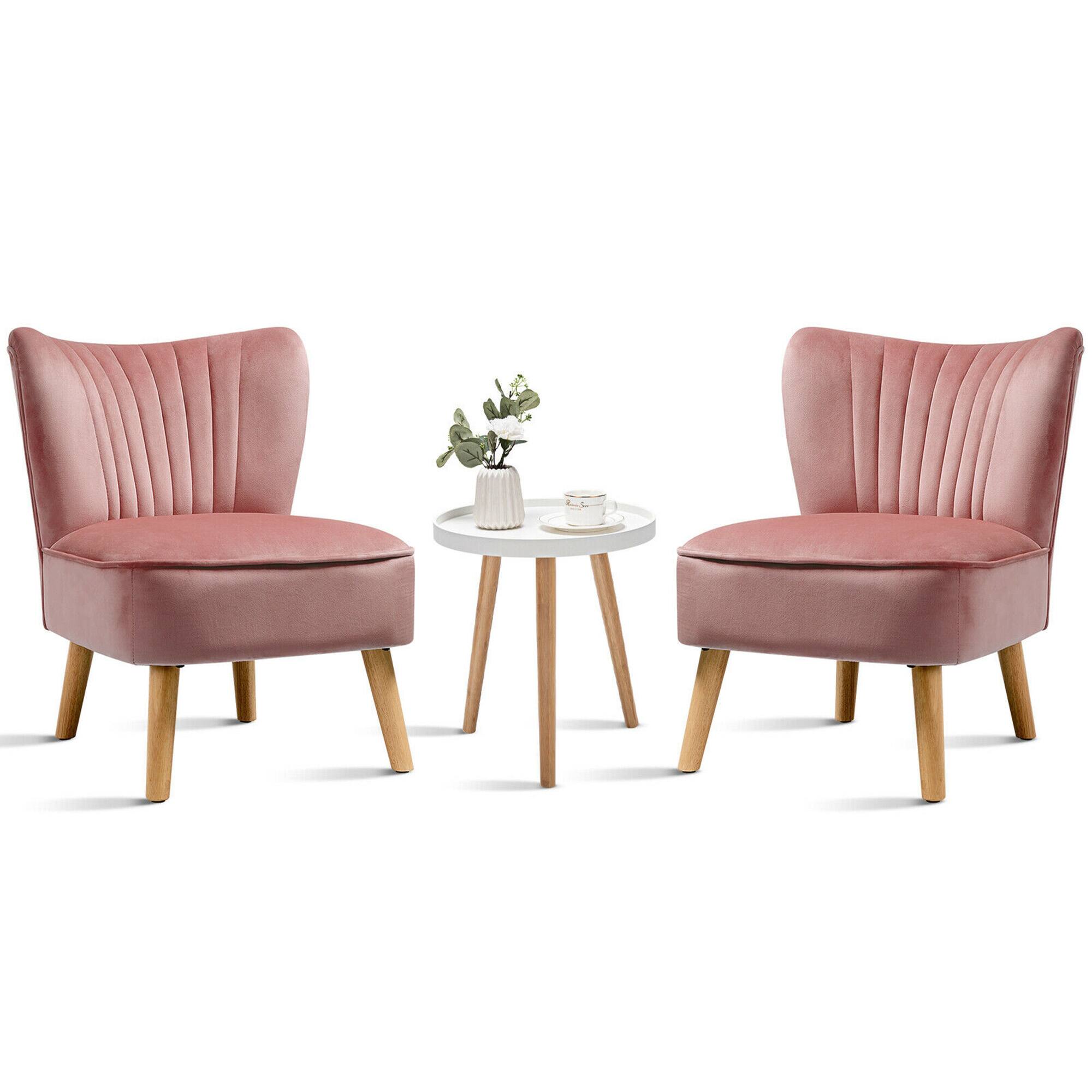 Front. Gymax - Gymax 3pcs Accent Chair & End Table Set 2pcs Armless Velvet Sofa & Round Table - Pink.