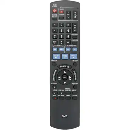 DVD POWER
TV POWER
DRIVE SELECT
TV/VIDEO
1 2 3
4 5 6
7 8 9
0
CH + VOL
CH - VOL
INPUT SELECT
FAVORITE
SLOW/SEARCH
STOP
PAUSE
PLAY/x1.3
CM SKIP
TIME SLIP
SKIP
SCHEDULE
DIRECT NAVIGATOR
SUB MENU
AUDIO DISPLAY
A B
REC REC MODE
FUNCTIONS
RETURN
CREATE
CHAPTER SETUP
F Rec STATUS
DVD