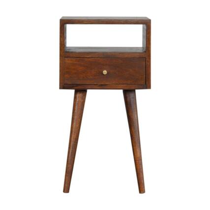 Front. Artisan Furniture - Artisan Furniture Solid Wood Mini Chestnut Nightstand, 1 drawer, 1 Open Slot, Nordic legs, Dark Brown - Chestnut.