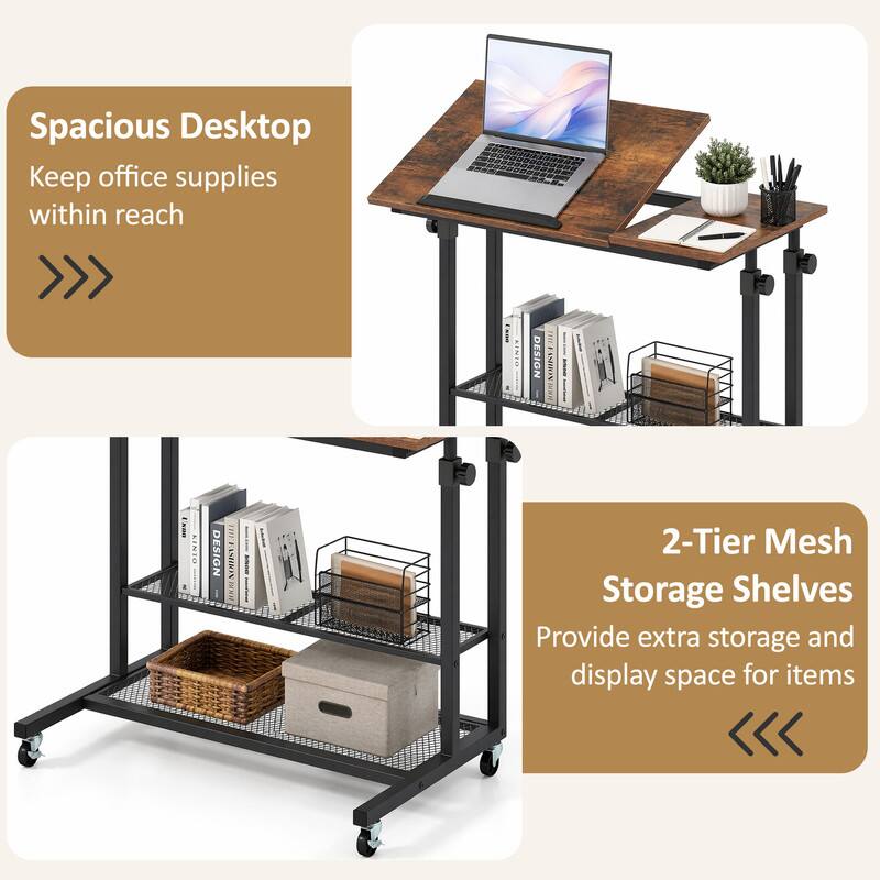 Spacious Desktop  
Keep office supplies within reach

2-Tier Mesh Storage Shelves  
Provide extra storage and display space for items