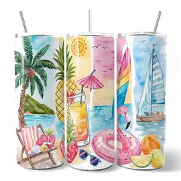 OrnamentallyYou - Summer Vibes 20oz Tumbler With Stainless Steel Straw, Brushstrokes Vacation Beach Gift Cup - Multicolored