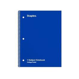 Staples - 1-Subject Notebook, 8" x 10.5", College Ruled, 70 Sheets - Blue