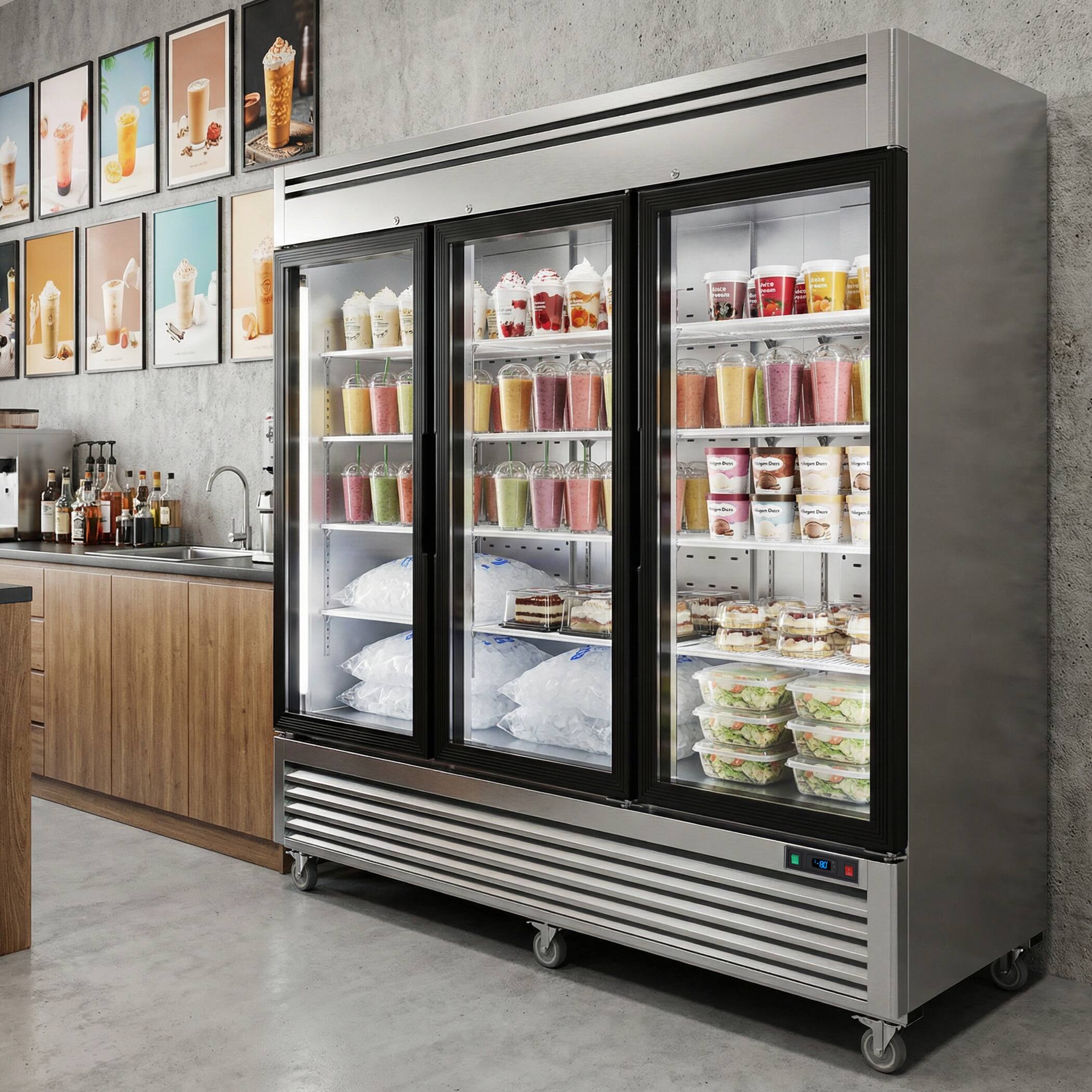 Angle. Coolake - Coolake 82" Commercial Display Freezer 3 Glass Door, 72 Cu.ft Stainless Steel Reach-in Merchandiser Freezer, LED Light - Stainless Steel.