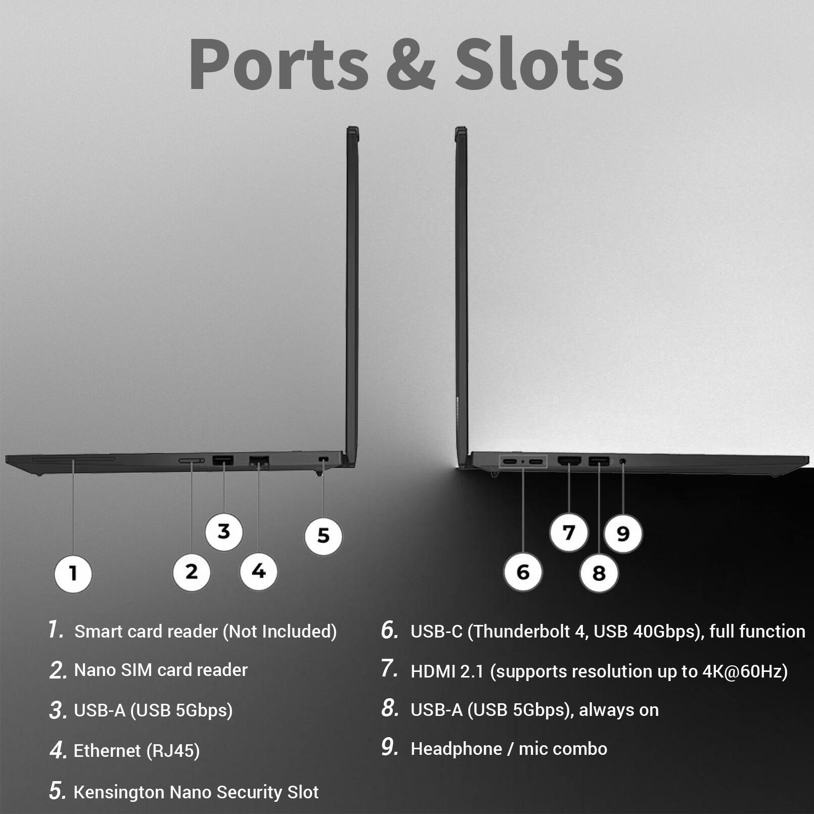 Ports & Slots

1. Smart card reader (Not Included)
2. Nano SIM card reader
3. USB-A (USB 5Gbps)
4. Ethernet (RJ45)
5. Kensington Nano Security Slot
6. USB-C (Thunderbolt 4, USB 40Gbps), full function
7. HDMI 2.1 (supports resolution up to 4K@60Hz)
8. USB-A (USB 5Gbps), always on
9. Headphone / mic combo