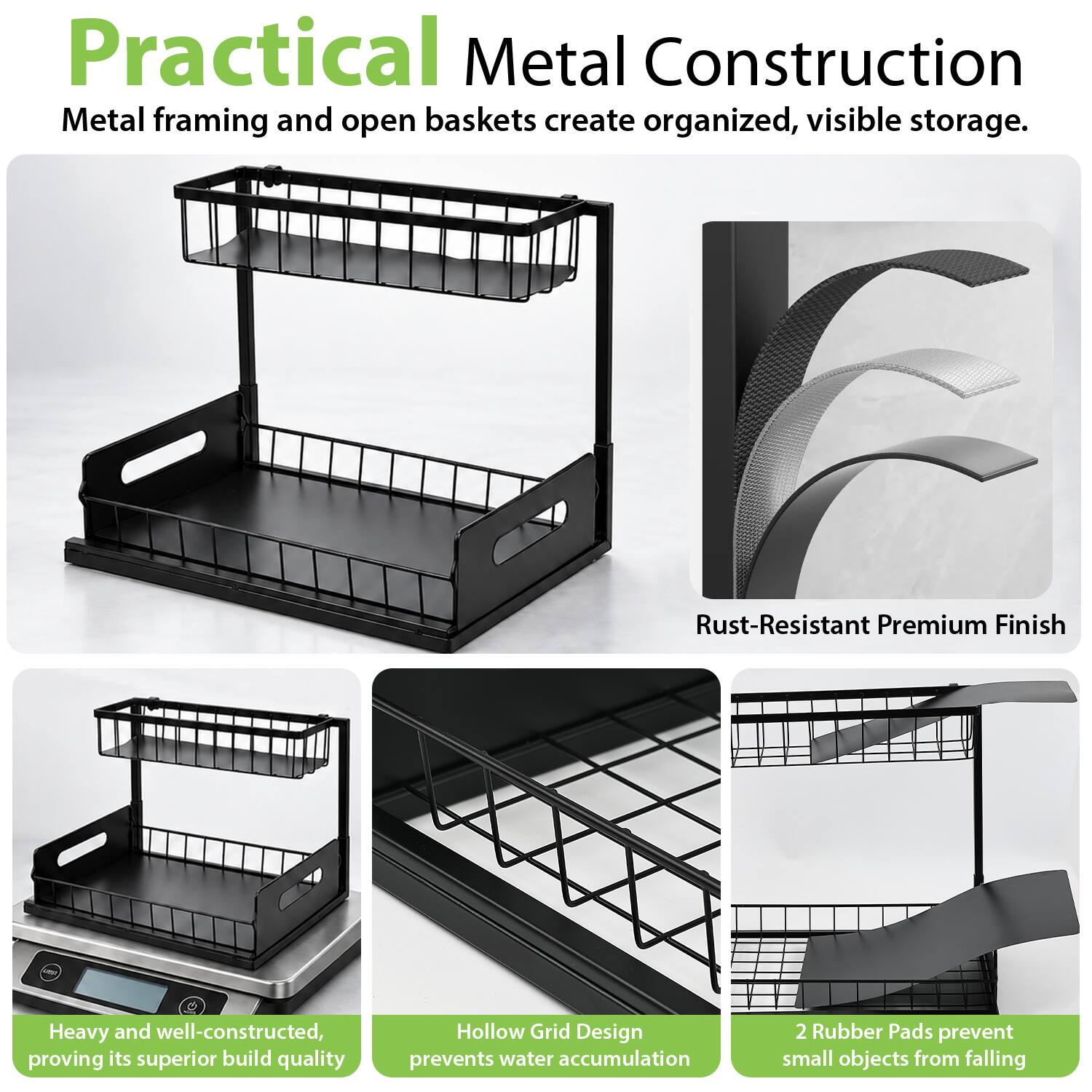 Practical Metal Construction  
Metal framing and open baskets create organized, visible storage.  

7 Rust-Resistant Premium Finish  
Heavy and well-constructed, proving its superior build quality  
Hollow Grid Design prevents water accumulation  
2 Rubber Pads prevent small objects from falling