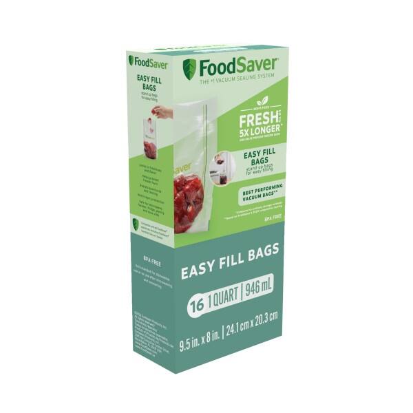 FoodSaver EASY SEALING SYSTEM

FILL THE VACUUM BAGS

FRESH UP TO 5X LONGER

EASY FILL BAGS

Bags stand Up

e5

Blng

BEST PERFORMING BACS

VACUUM BPA FREE

PA

FILL BAGS

FREE

EASY

946 mL

16 1 QUART

20.3 cm

24.1 in.

8

9.5