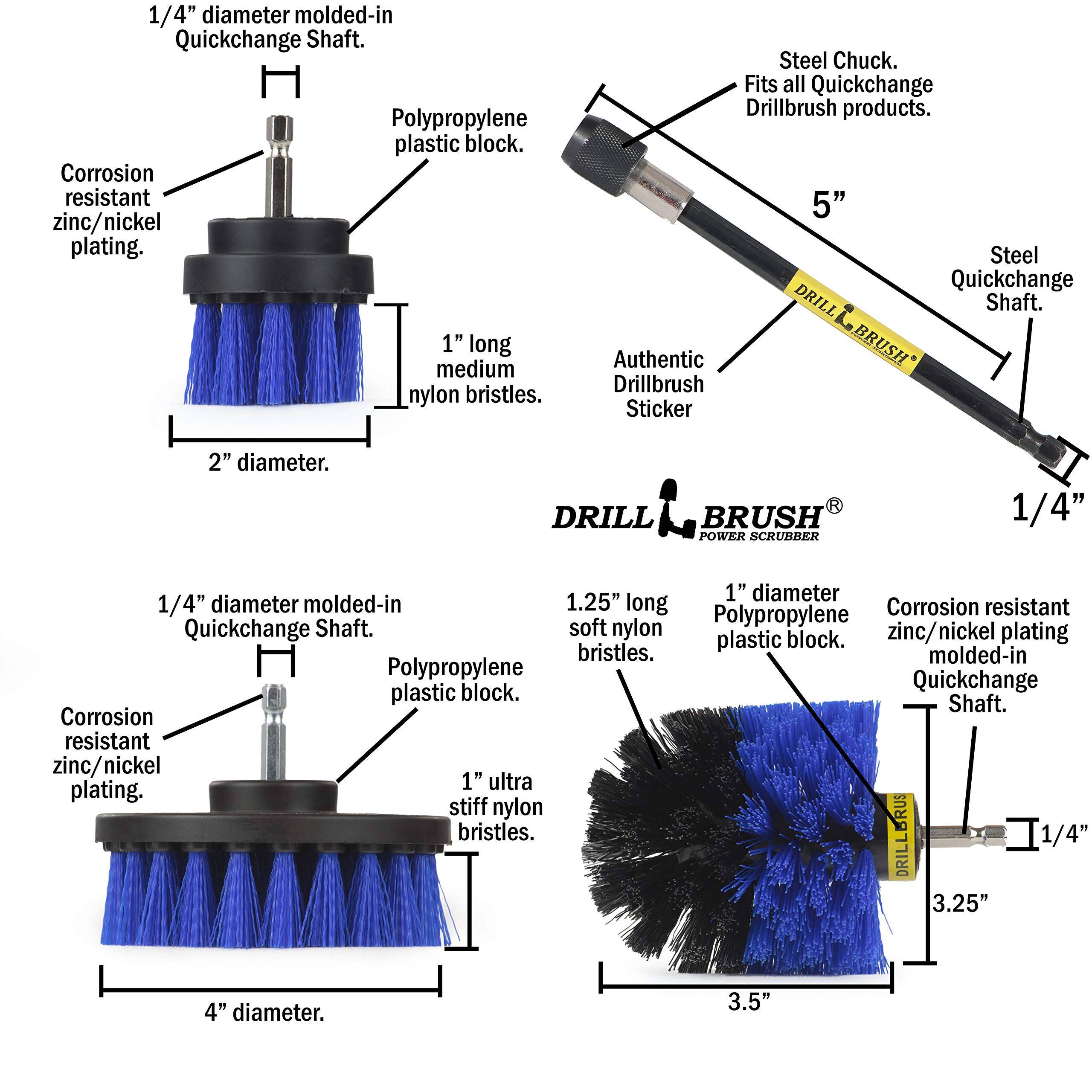 1/4" diameter molded-in Quickchange Shaft. Polypropylene plastic block. Corrosion resistant zinc/nickel plating. 1" long medium nylon bristles. Steel Chuck. Fits all Quickchange Drillbrush products. 5" Steel Quickchange DRILL Shaft. Authentic BRUSH Drillbrush Sticker 2" diameter. DRILL BRUSH POWER SCRUBBER 1/4" 1" diameter 1/4" diameter molded-in 1.25" long Corrosion resistant soft Polypropylene Quickchange Shaft. nylon zinc/nickel plating plastic block. bristles. molded-in Polypropylene block. Quickchange plastic Shaft. Corrosion resistant zinc/nickel 1" ultra plating. stiff nylon bristles. DRILLBRUSH T1/4" 3.25" 4" diameter. 3.5"