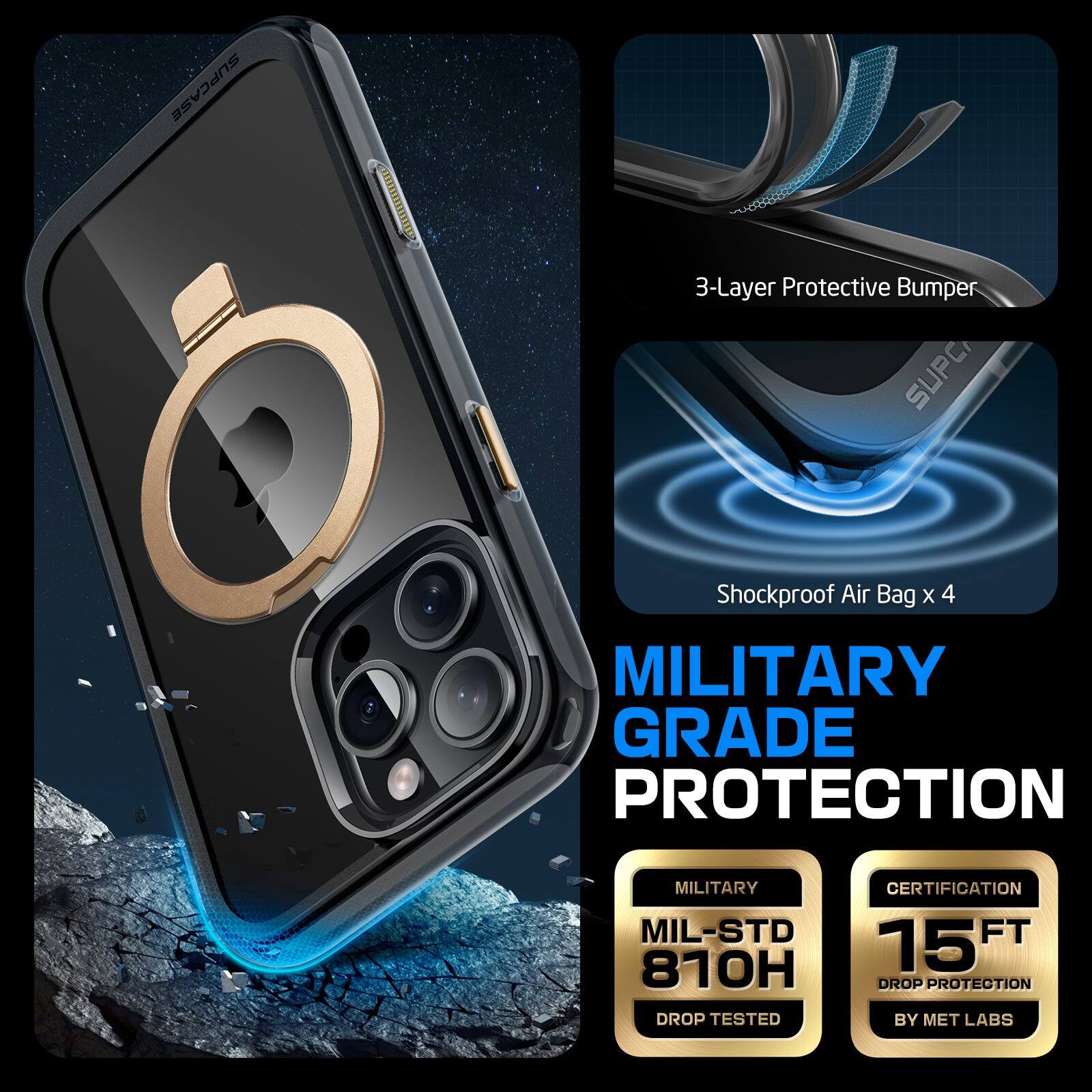 SUPCASE 3-Layer Protective Bumper SUPC Shockproof Air Bag x 4 MILITARY GRADE PROTECTION MIL-STD 810H DROP TESTED CERTIFICATION 15 FT DROP PROTECTION BY MET LABS