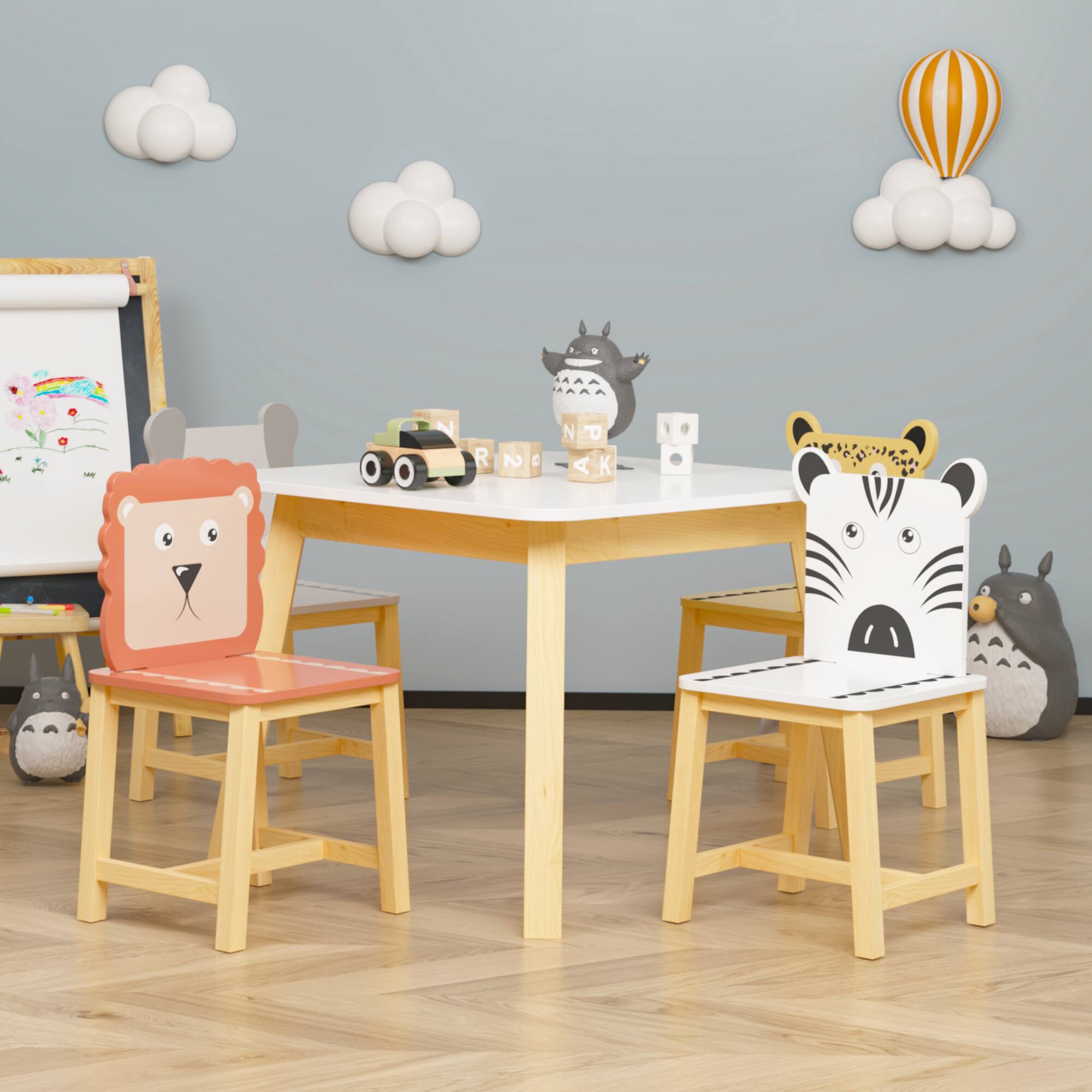 Alt View 5. Tiramisubest - 5 Piece Kiddy Table and Chair Set, Kids Wood Table with 4 Chairs Set Cartoon Animals (bigger table) (3-8 years old) - White.