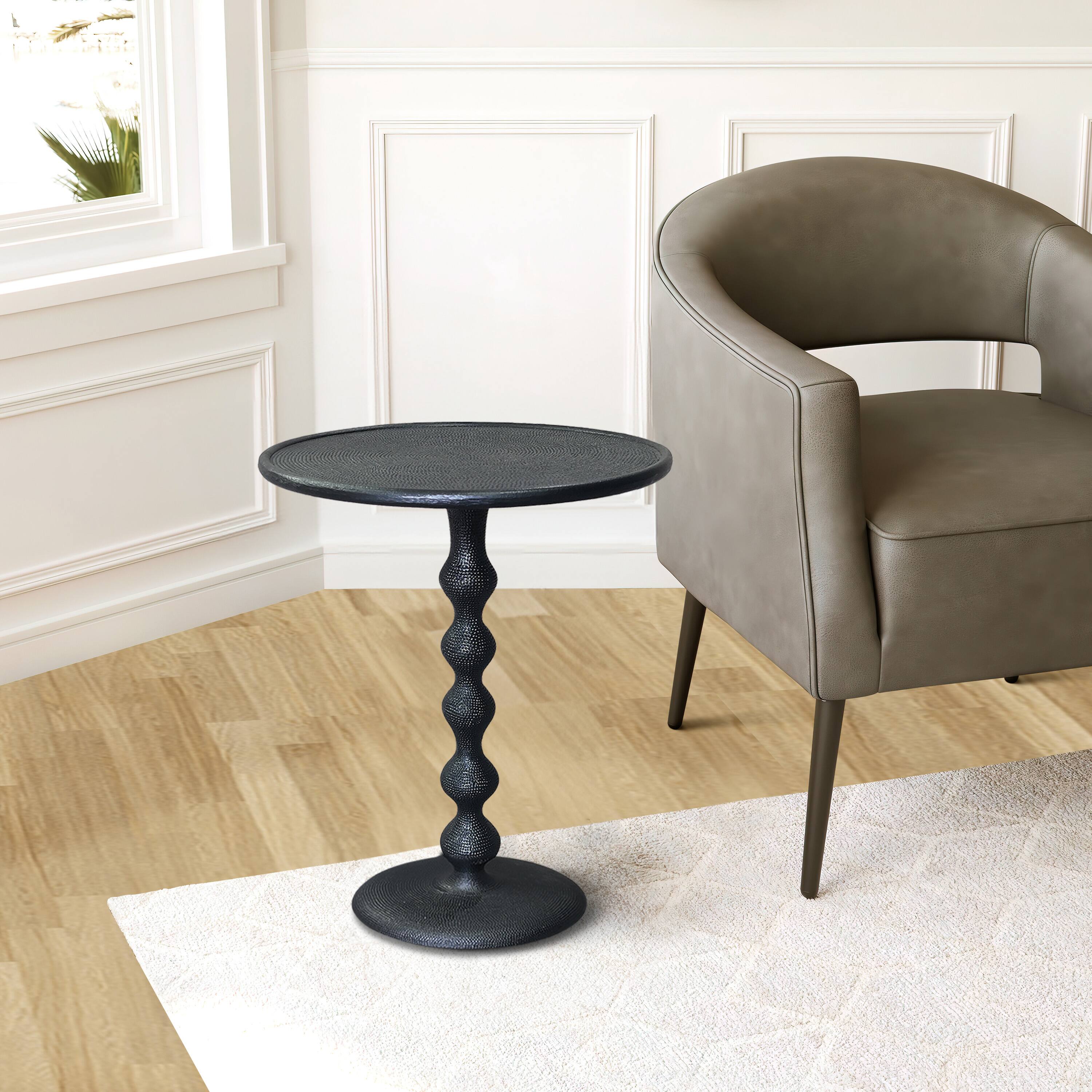 Alt View 10. Manhattan Lane - Shae 22 Inch Round Side End Table, Hammered Texture, Turned Pedestal Post - Black.