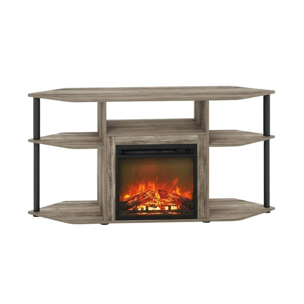 FurniFact - open storage corner fireplace TV stand, 55-inch screens, wood veneer finish - Gray
