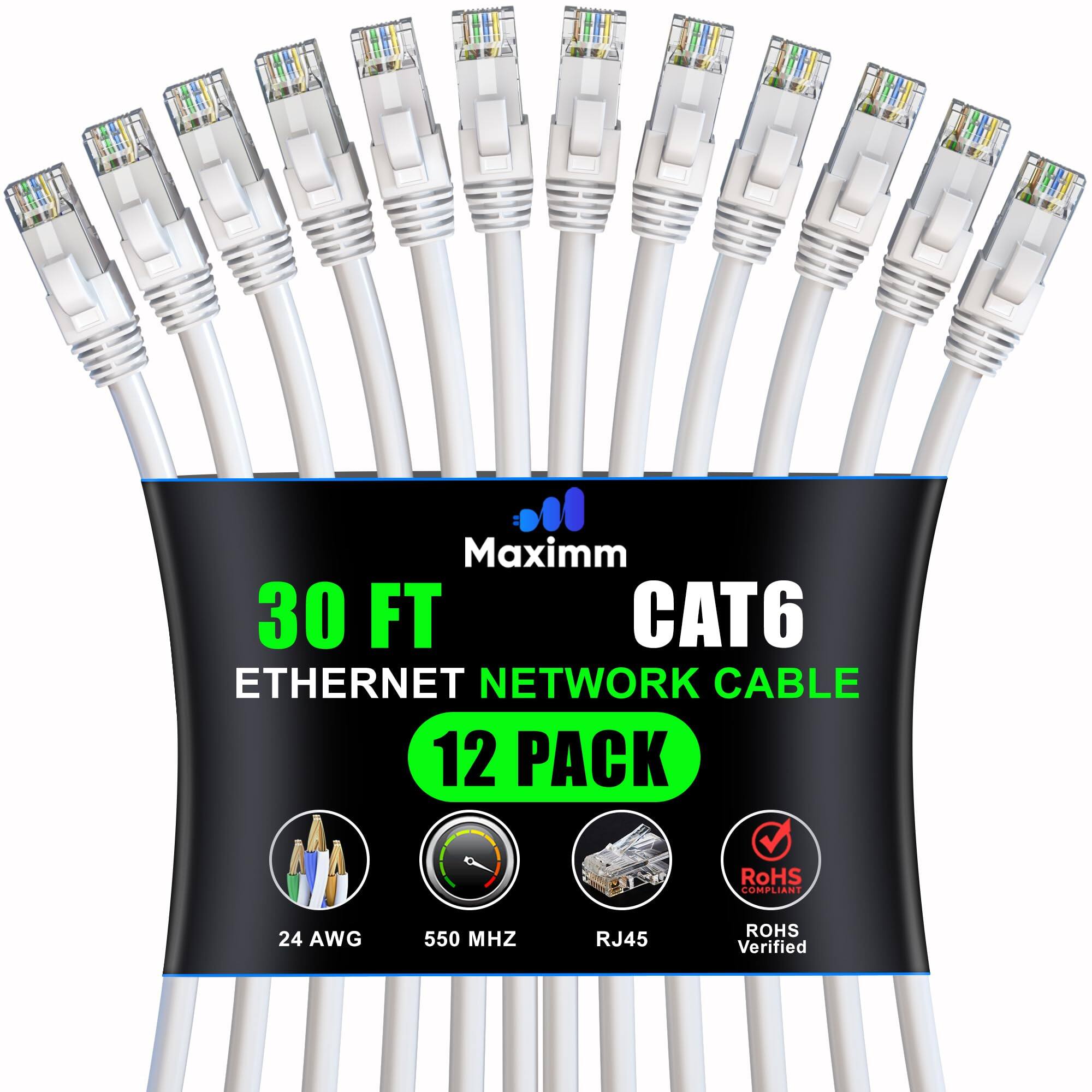 Maximm 30 FT CAT6 Ethernet Network Cable 12 Pack  
RoHS Compliant  
24 AWG  
550 MHz  
RJ45  
RoHS Verified